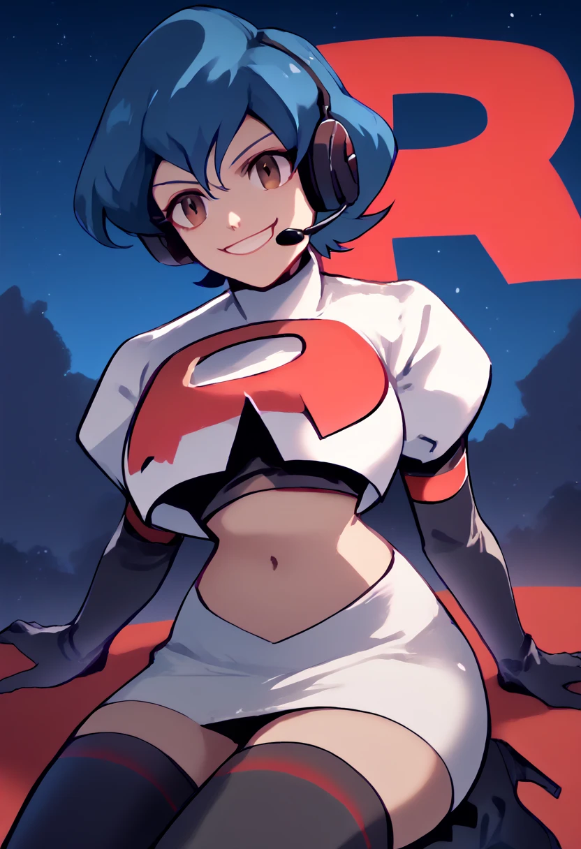 Team rocket, team rocket uniform, red letter R, white skirt,white crop top,black thigh-high boots, black elbow gloves, evil smile, night sky background, headset, large breasts, high-heeled boots, guernica, blue hair, brown eyes