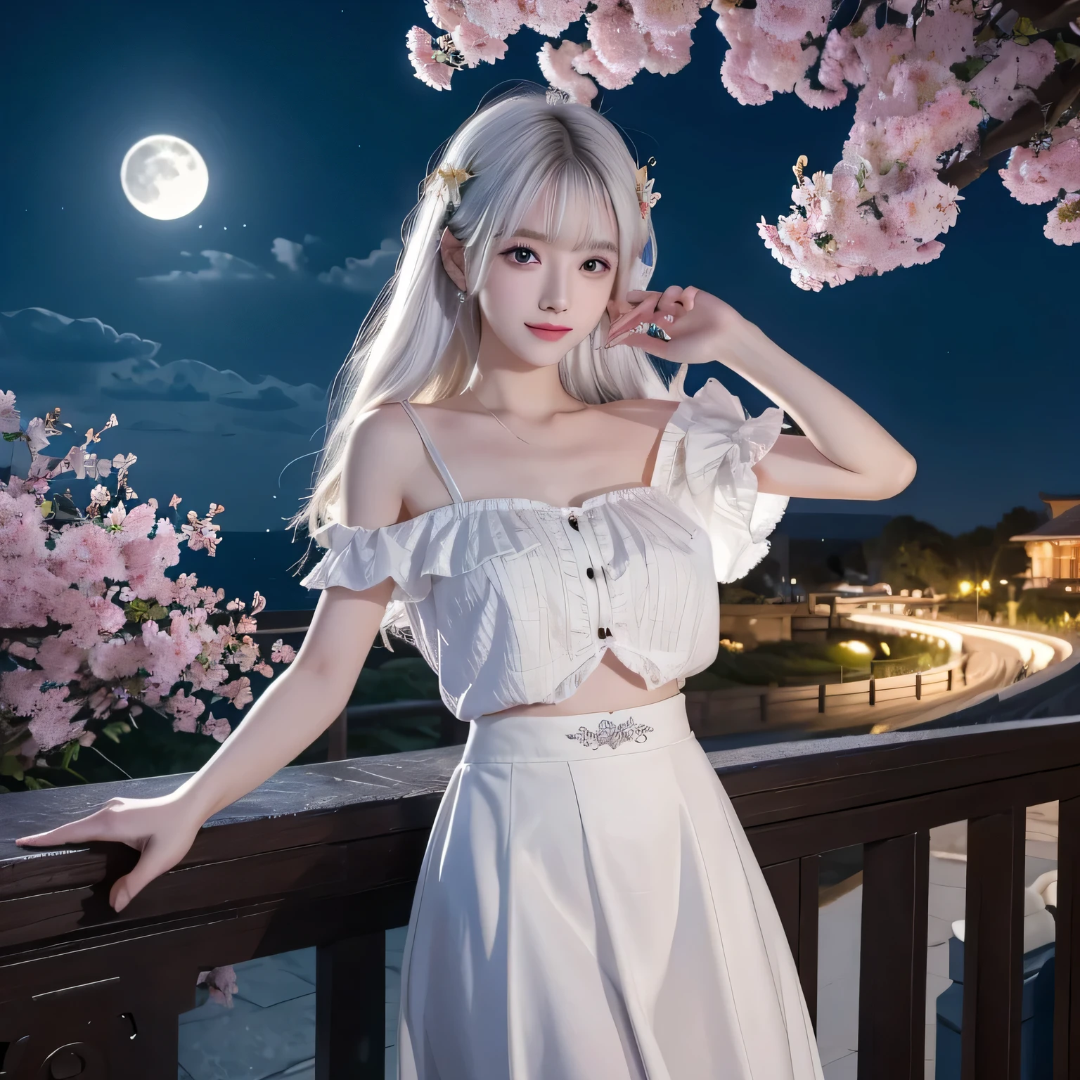 masterpiece，  is the best quality， 1 Girl， （ Colorful ），（ Detailed eyes and a detailed face），Cinematic Light，bust， extremely fine CG unity 8k wallpaper，White hair， Unique ， Smile，Complex skirt，（（Flying petals）），（ blooming meadows） Sky， partly cloudy_Sky， architecture， moonLight， moon， night， （Dark theme：1.3）， Light， fantasy，