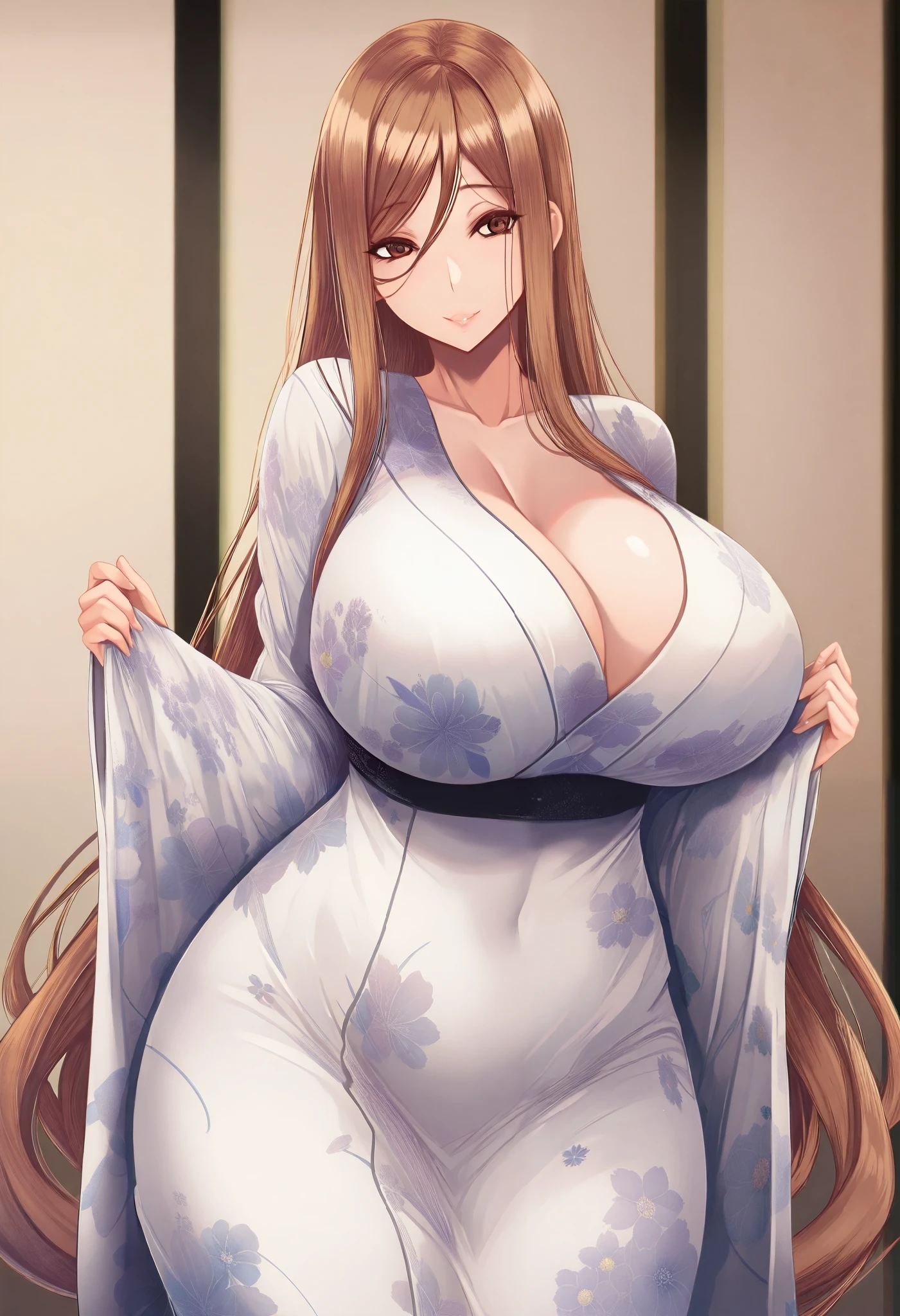 the lady has long shiny straight hair that comes down her back also has with pretty brown eyes she is 20 years old milf with a little wrinkles on her face she also has a fitted wearing white Kimono dress she also has this thick luscious curvy hourglass figurescore_9_up, score_8_up, masterpiece, best quality
