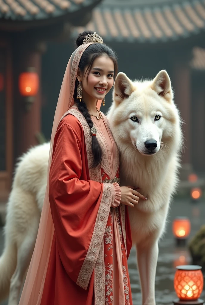 cinematic still (half open eyes) . emotional, harmonious, vignette, 4k epic detailed, shot on kodak, 35mm photo, sharp focus, high budget, cinemascope, moody, epic, gorgeous, film grain, grainy, This vivid oil painting captures a mystical atmosphere with a girl in traditional hanfu attire, colored in rich shades of red and gold, against a backdrop of a misty, ancient forest. A colossal white wolf with thick fur and piercing blue eyes stands closely behind her, exuding a protective aura. The soft brush strokes highlight the wolf's fur and the intricate patterns on the girl's dress.An illustration of a fantasy giant wolf standing in a mystical forest, (half open eyes), light cute magic, true colors, dramatic, intricate, elegant, highly detailed, extremely complex, colorful, sharp focus, beautiful, inspired, handsome, glowing, epic, stunning, gorgeous, enormous, amazing, breathtaking, cool, creative, surreal, awesome, illuminated, brilliant, very inspirational, wonderful, pretty, attractive, thought, ambient background
