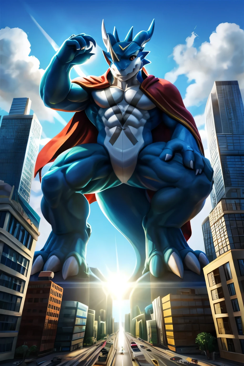 Sunlight shines, morning, muscle, cloak, jeans, ExVeemon, macro in miniscule city