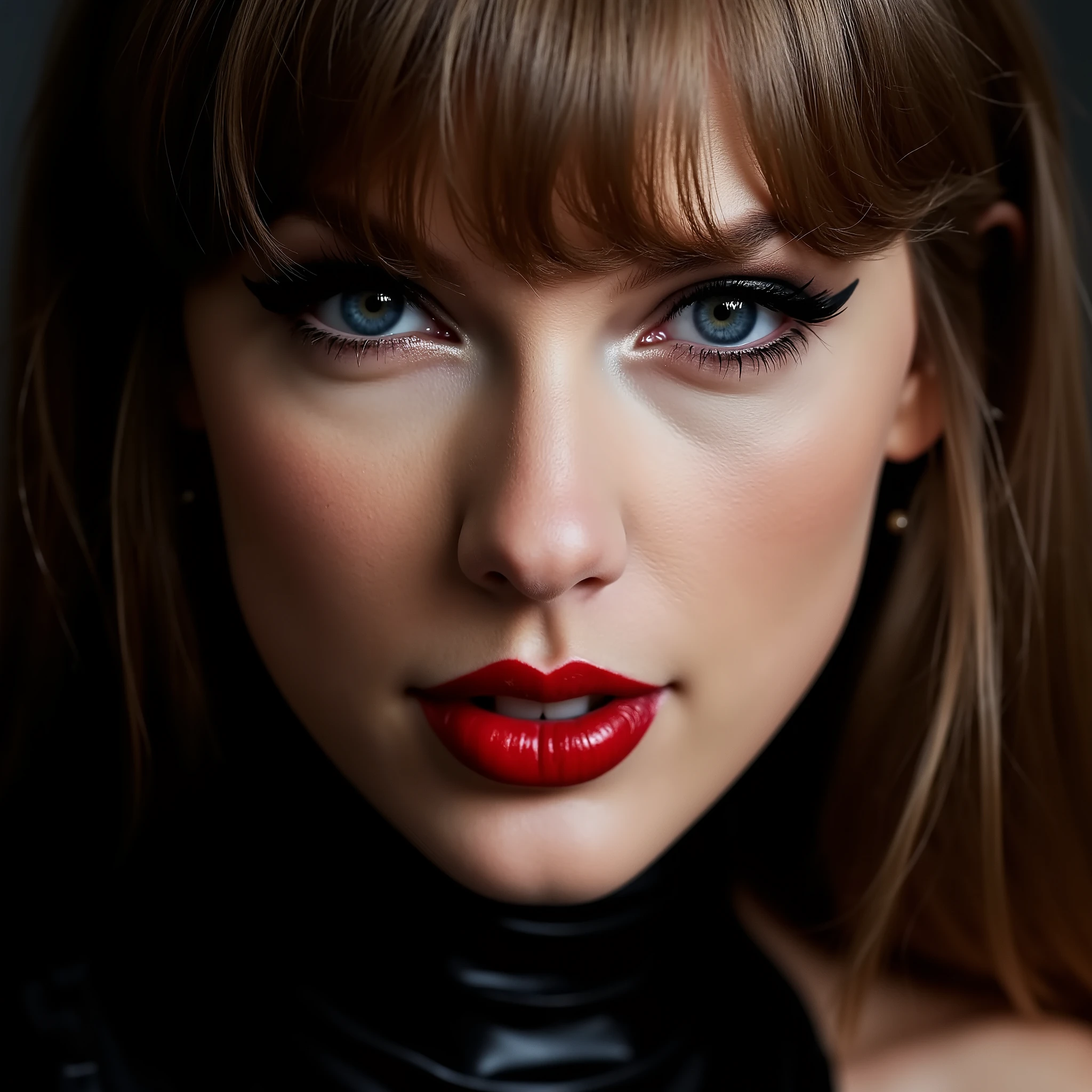 a beautiful woman with close-up portrait, detailed eyes, long eyelashes, beautiful detailed lips, shiny red lipgloss, wearing black latex bodysuit, latex pleated mini skirt, latex stockings, latex gloves, (best quality,4k,8k,highres,masterpiece:1.2),ultra-detailed,(realistic,photorealistic,photo-realistic:1.37),studio lighting,extremely detailed face and skin,vivid colors,sharp focus