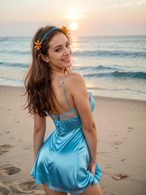 Realistic full body photo of a smiling brunette woman with long hair, She dances in front of the camera in a short blue summer dress with satin straps, Park,glamour fotoshooting, beach, perfect anatomy, perfect brown eyes. Perfect hands with 5 fingers on each hand, Matching girl, look into the camera, 1 Frau. (Eye make up:1.1), (highly detailed skin:1.1), spirit, analog style, keen focus, 8K UHD, dslr, good quality, Fujifilm XT3, Grain, Award-winning, masterpiece. beach. Sie steht am beach und zeigt ihr schönes Kleid.