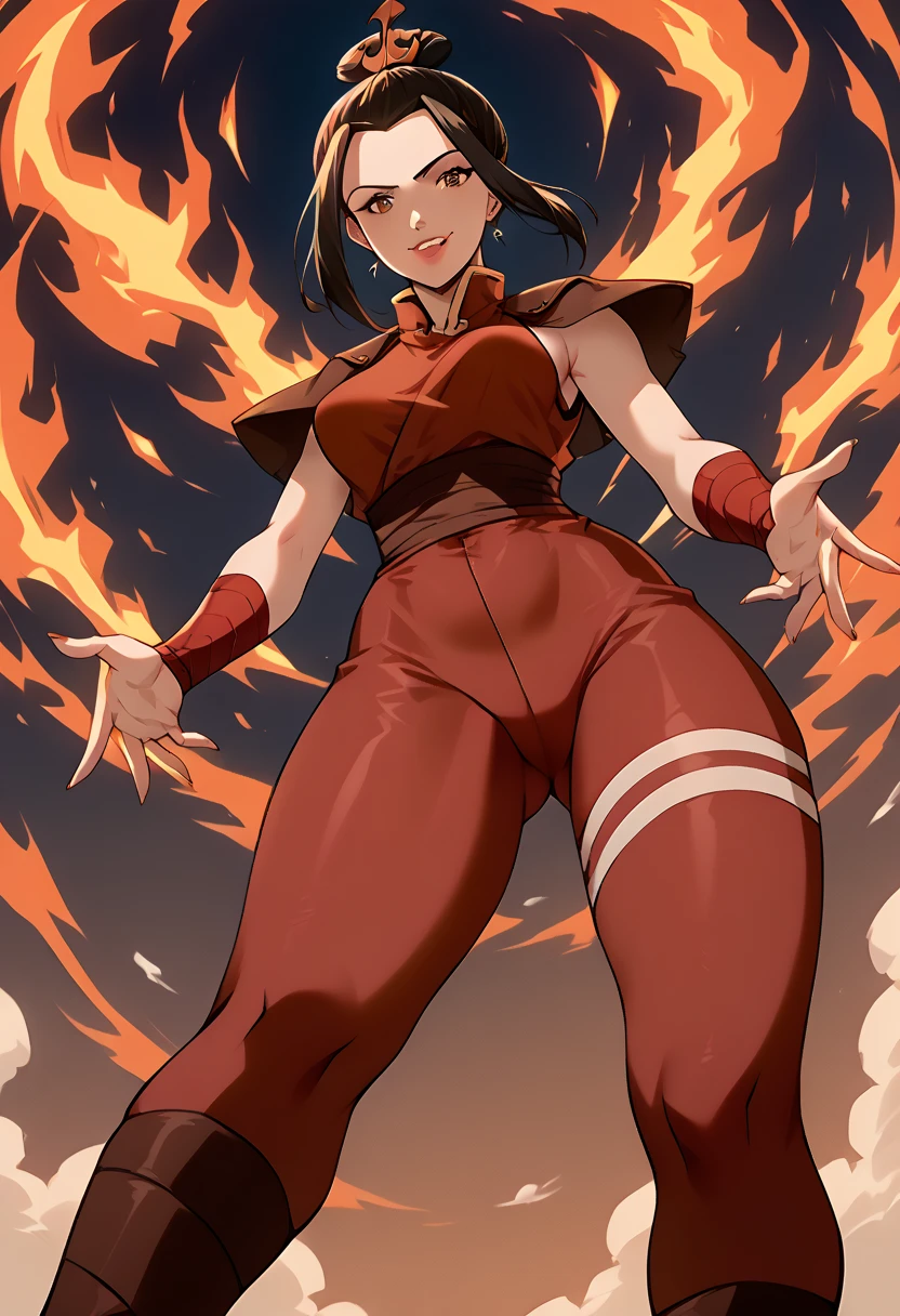 Azula from Avatar The Last Airbender wearing a sexy version of Deadpool's iconic outfit, a tight red and black bodysuit with strategic cutouts that accentuate her curvy figure with large breasts, a slim waist, and thick thighs, the suit features Deadpool's signature black patterns on red fabric, paired with thigh-high boots and fingerless gloves, her face is uncovered, showcasing her sharp features and confident smirk, her hair is styled elegantly with her signature dark brown color, she carries dual katanas on her back, the setting is minimalist to emphasize her outfit, there are no elements or colors related to the Fire Nation but she maintains her intense gaze and fiery presence"