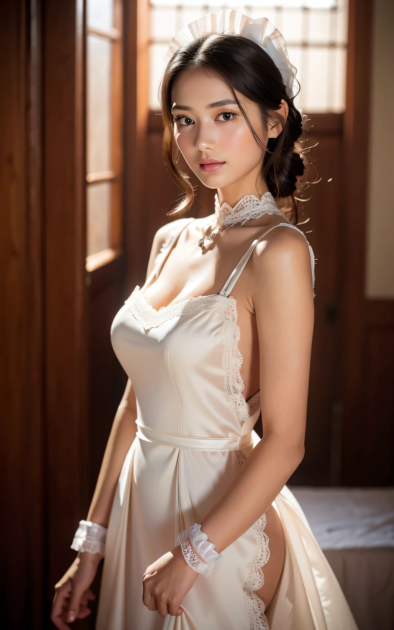 (happy smile),(8k, RAW photo, best quality, masterpiece:1.2), (realistic, photo-realistic:1.4), (extremely detailed 8k wallpaper), detailed face,a stunningly beautiful young woman, perfect symmetrical face, smooth flawless skin, striking almond-shaped eyes, long eyelashes, slightly arched eyebrows, delicate nose, full and glossy lips, soft natural blush, luminous and radiant complexion, photorealistic details, cinematic lighting, highly detailed, ultra high-definition, sharp focus, intricate textures, glowing, ethereal beauty, harmonious proportions, captivating expression, gentle smile, subtle makeup, 8k resolution,35mm lens,f/2.0, -yeld Jaese girl, youthful face, smooth skin, fine pores, delicate features, almond-shaped eyes, long eyelashes, soft pink lips, natural eyebrows, subtle blush, hydrated glow, warm undertones, fine peach fuzz, natural hairline, soft lighting, realistic shadows, translucent complexion, micro-details, gentle expression, photorealistic depth, lifelike reflections, artistic precision, natural imperfections, captivating gaze,(maid costume:1.5),(elegant lingerie, intricate lace patterns, delicate embroidery, vibrant jewel tones, luxurious silk textures),elegant woman, delicate features, porcelain skin, flowing hair, intricate jewelry, soft ambient lighting,elongated face, high cheekbones, almond-shaped eyes, silky hair, intricate patterns, soft diffused lightingrealistic skin texture, fine pores, natural complexion, soft freckles, subtle wrinkles, expressive eyes, smooth lips, silky hair strands, delicate lighting, warm tones, detailed shadows, lifelike reflections, intricate details, gentle blush, natural imperfections