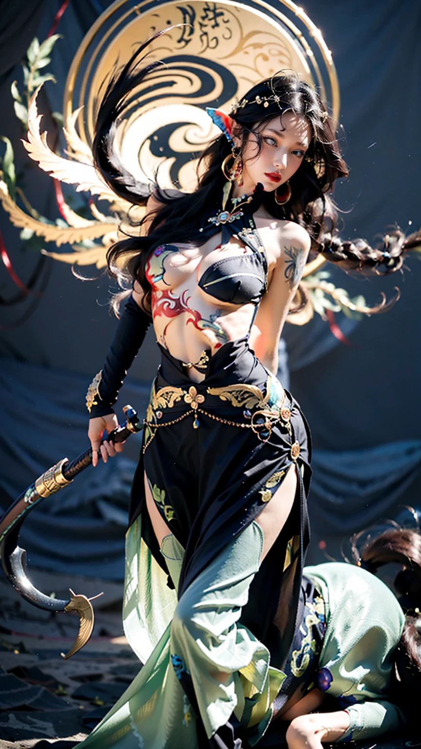 Asian succubus wearing belly dance costume,An arrogant expression,Lick lip,Big breasts,look up,long nails