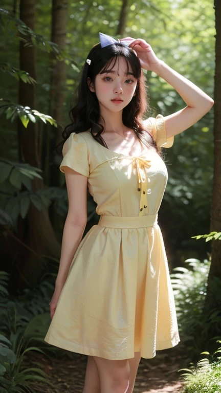 cinematic lighting, masterpiece, UHD, anatomically correct, textured skin, super detail, high quality, award winning, highres, 16k, 8k, full body shot, a young korean woman,  25, babedium breast, ((A young woman with a fair complexion and rosy cheeks, iconic short black hair styled with soft waves and adorned with a red bow. She is wearing a classic fairytale dress with a blue bodice, puffed short sleeves with red accents, a white high collar, and a flowing yellow skirt. She is depicted standing in an enchanting forest, surrounded by woodland creatures like deer, rabbits, and birds. The background includes lush green trees, vibrant flowers, and soft sunlight filtering through the foliage, creating a magical and serene atmosphere.)), proud pose, neutral expression, blurred surroundings, Center of attention.