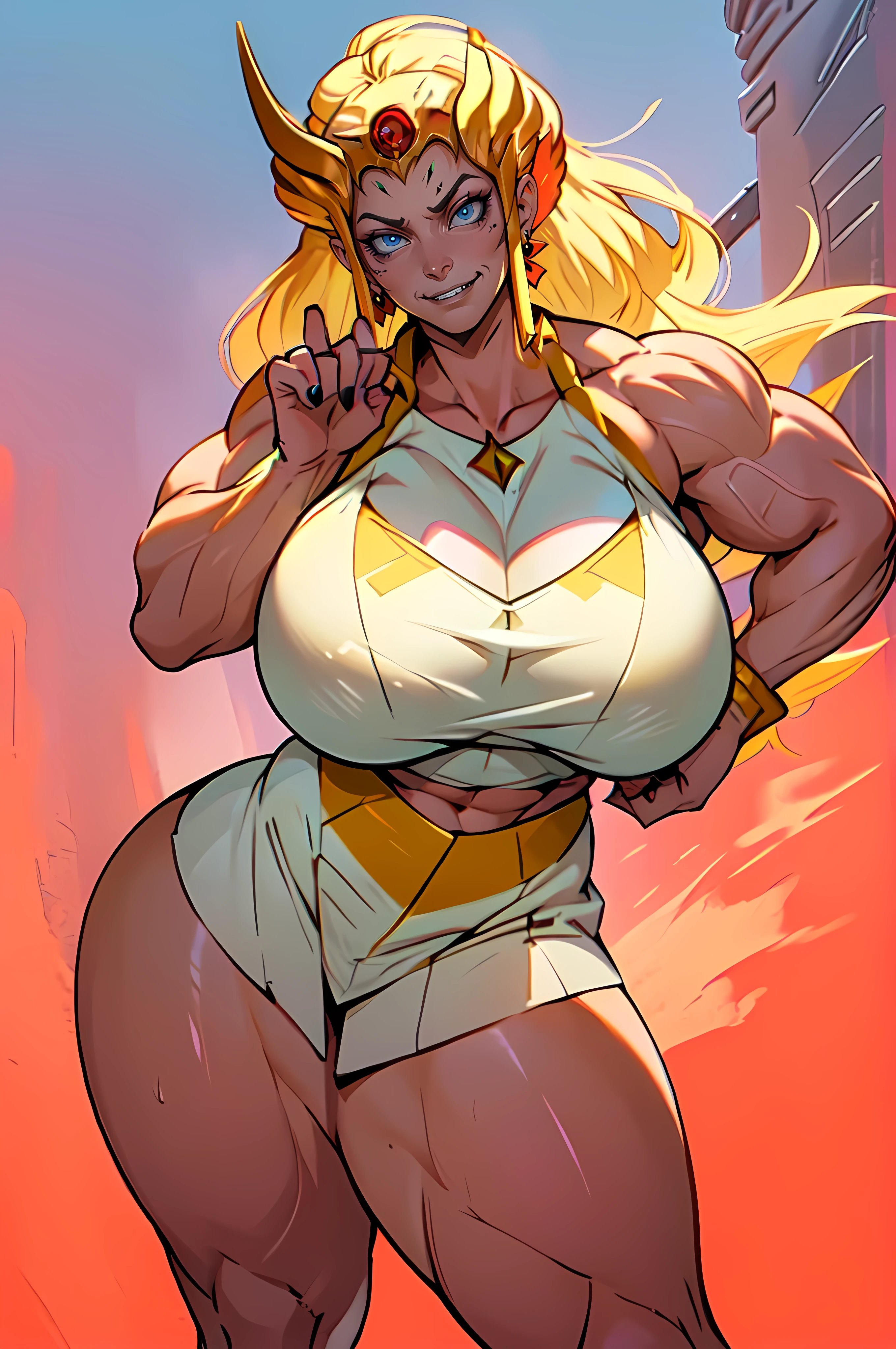 castle background sheraquiron character ((erotic pose:1.5)) ((MASSIVE FEMALE BODYBUILDER:1.5) huge body (((((huge breasts:1.5))))) very long platinum hair 1girl ((erotic SHE-RA attire)) cowboy shot ((curvy))