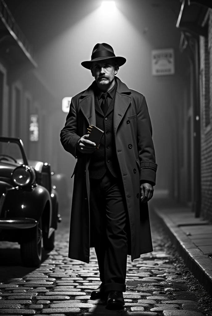 Amidst the shadowy cobblestone streets of São Paulo in 1941, Othon's imposing figure emerges, an emblem of resilience and quiet authority. The backdrop is a narrow alley flanked by crumbling brick walls, dimly lit by a solitary streetlamp that casts long, flickering shadows. Wisps of mist roll across the ground, intertwining with the soft glow of distant neon signs and the faint hum of a bustling precinct nearby. A vintage 1940s car rests at the curb, its chrome accents catching the light in muted flashes, while the faint scent of rain lingers in the cool night air.

Othon, a rugged man in his late forties, carries himself with a quiet intensity. His stocky build is enveloped in a tailored gray trench coat, slightly frayed at the cuffs, and a dark fedora tilted forward, casting a shadow over his weathered face. His strong, angular jaw is complemented by a neatly trimmed mustache, and his piercing dark eyes, lined with the fatigue of a life spent navigating danger, seem to pierce through the fog, ever vigilant. The faint lines etched on his face tell a story of hard-earned wisdom and unspoken battles.

In his large, calloused hands, he clutches a leather-bound notebook, its edges worn from years of use. A subtle breeze lifts the hem of his coat, revealing polished yet scuffed shoes, a testament to his duality: meticulous and grounded. The streetlamp above casts a halo of light that frames him, his silhouette stark against the misty, noir-like ambiance.

The scene feels timeless, captured as if in an old black-and-white photograph, where every detail—each shadow, every glint of light on the cobblestones—whispers of a world on the brink of transformation. Othon stands still, the unwavering anchor in a city filled with intrigue and uncertainty.
