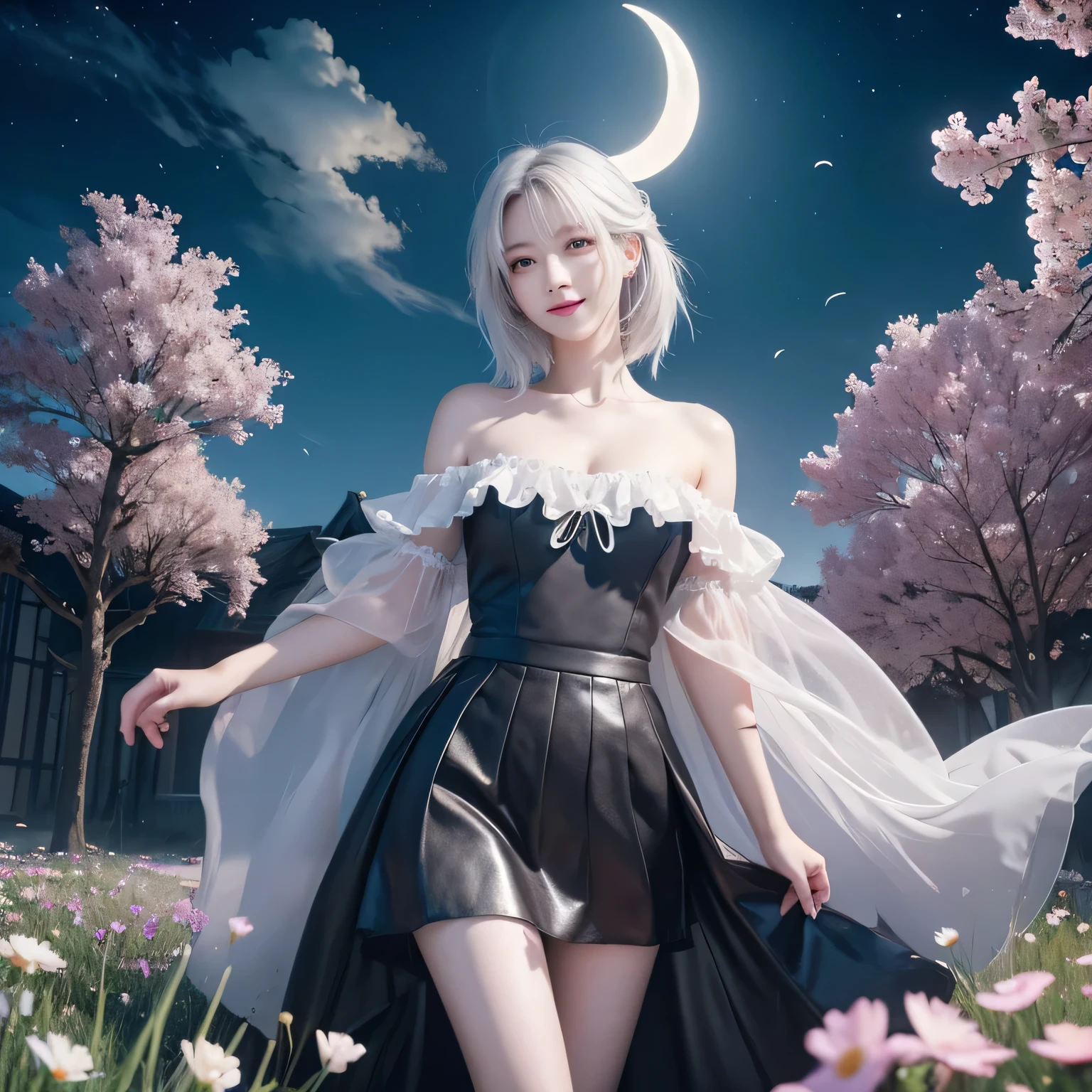 masterpiece，   top quality，  1 girl， （  Colorful  ），（  Meticulous Eyes and Delicate Faces），Cinematic Light，Break， Superb CG Unity 8K Wallpaper ，White hair， Unique ，  Smile，Complex skirt，（（ Flying Petals）），（  meadow full of flowers ） Sky， partly cloudy_Sky， Architecture， moonLight， moon， night， （Dark theme：1.3）， Light， fantasy，