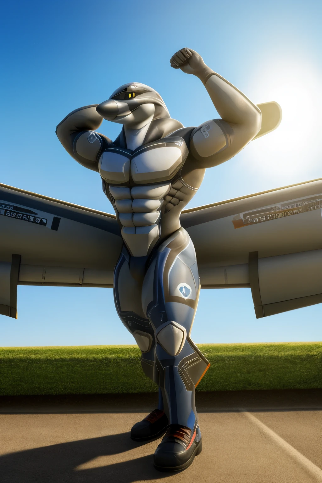 Aeromorph, male, eurofighter typhoon, black sclera, white pupils, plane wings, plane tail, grey body, posing, sunny day, alone, 