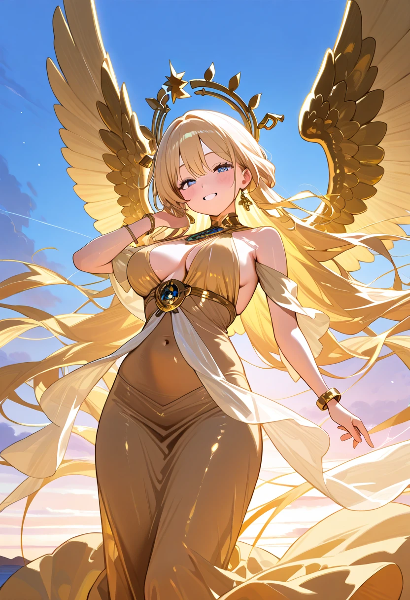 score_9,score_8_up,score_7_up,1girl, head_golden wings,bare_shoulders, gold jewelry,bangles, long dress, bracelet,skirt, gold navel,midriffe, large breasts shiny blonde hair, loose flowing gold silk chiffon gown, dawn, blue sky, highly detailed, long lashes, shimmering, smiling, serene, heavenly, detailed face, perfect eyes, masterpiece,best quality, amazing quality,very aesthetic,absurdres,newest, (negative_v2 Color_Balance_Calibration:0.8), (SuperQuality:1.0) ~ (SuperQuality:1.2)