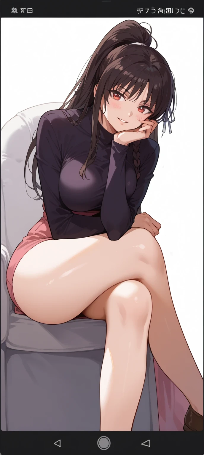 score_9, score_8_up, score_7_up, source_anime,
suzunehorikita, suzune horikita, long hair, black hair, red eyes, hair ribbon, braid, large breast, skirt, long_hair1girl, solo, crossed_legs, sitting, ponytail, breasts, looking_at_viewer, long_hair, thighs, blush, bangs, brown_hair, long_sleeves, dress, bare_legs, head_rest, smile, chair, phone_screen, brown_eyes, large_breasts, high_ponytail, simple_background, shiny, white_background, hand_on_own_face, parted_lips, shirt, black_shirt