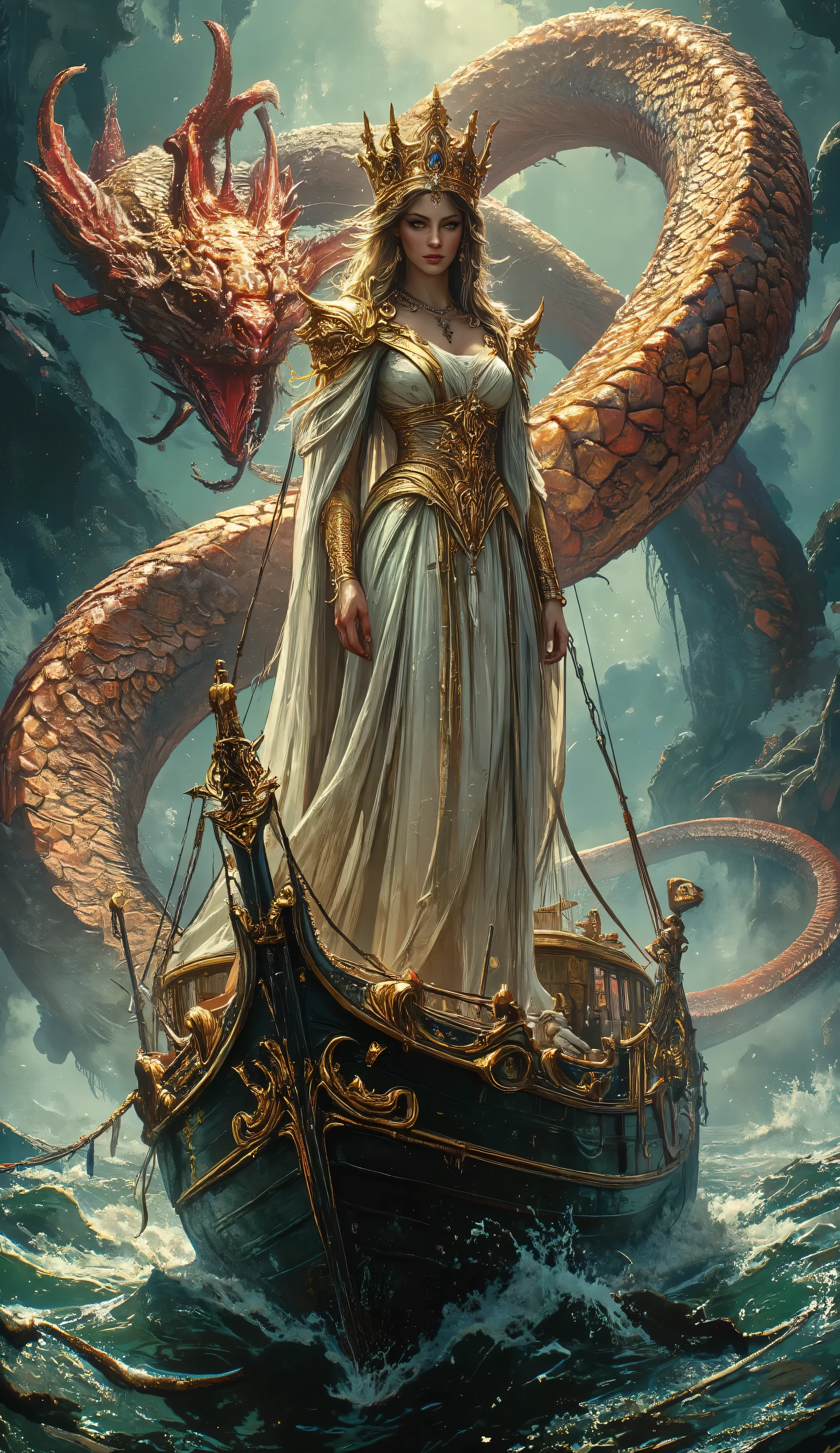 A majestic queen stands on a boat in front of her giant snake, The sea is rough and tumultuous, surrounded by swirling mist and glowing scales, in the style of detailed character design, colorful fantasy realism, light gold and amber, concept art, light red and dark azure, in the style of Magali Villeneuv