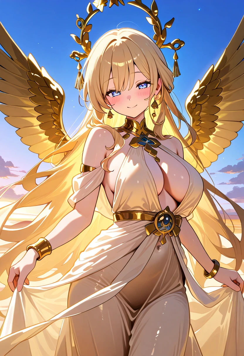 score_9,score_8_up,score_7_up,1girl, head_golden wings,bare_shoulders, gold jewelry,bangles, long dress, bracelet,skirt, gold navel,midriffe, large breasts shiny blonde hair, loose flowing gold silk chiffon gown, dawn, blue sky, highly detailed, long lashes, shimmering, cute smile, closed mouth, cute face, serene, heavenly, detailed face, perfect eyes, masterpiece,best quality, amazing quality,very aesthetic,absurdres,newest, (negative_v2 Color_Balance_Calibration:0.8), (SuperQuality:1.0) ~ (SuperQuality:1.2)