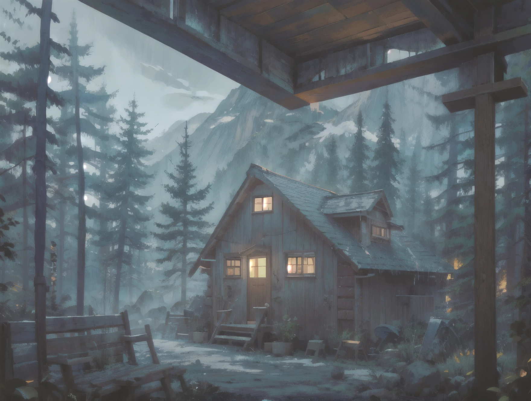 Mountain，forest，Wooden house