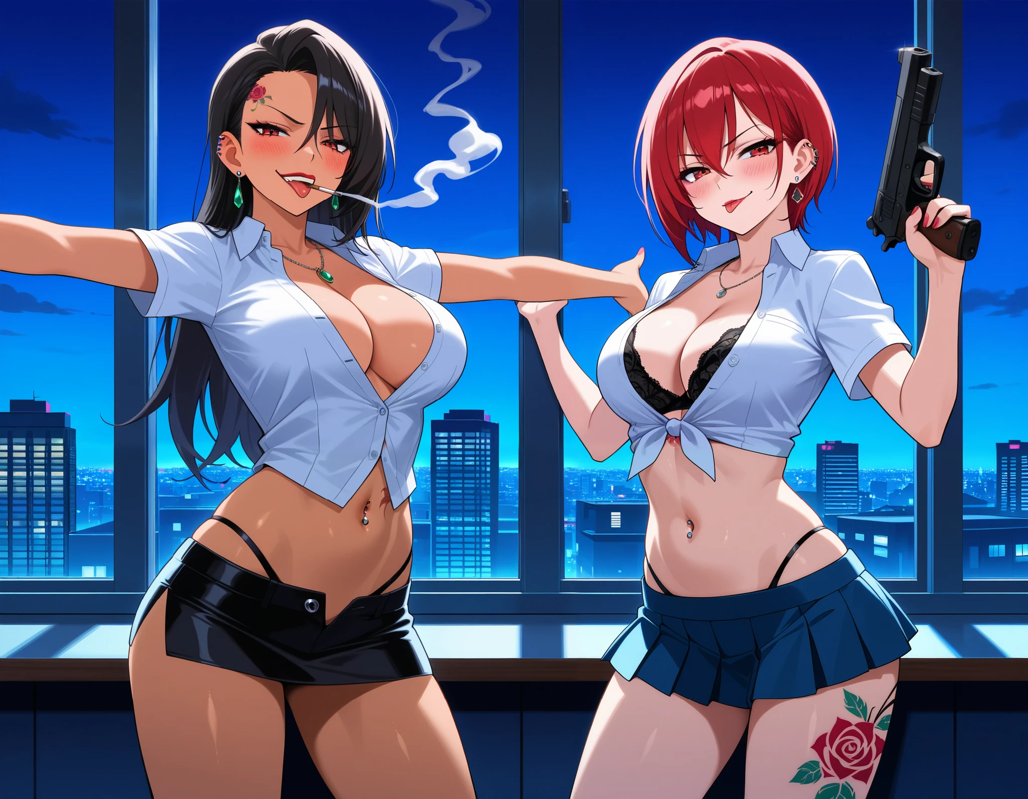 2girls, two girls, blush, lipstick, Hot girl, baddie,  bad attitude, mean girl,ear piercing,, crazy, smoking, sensual, attractive,nightclub, bar, indoor, cityscape, building,  city lights, blush, lipstick,mmasterpiece, best quality, ((unbuttoned school uniform, cleavage, necklace, earrings, sexy body,
breasts)) , micro skirt, smiling, navel , exposed belly, exposed navel,(nsfw) not safe for work,school,
classroom , hold a gun,knot, holding pistol,navel piercing ,,,, dragon tattoo, tattoo midriff, rose tattoo, open arms sideway, arms T-pose, smirk, standing, anime girl T posing, , tongue out,