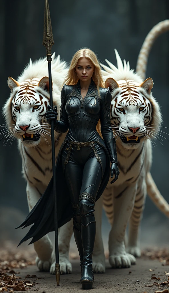 Britney Spears in black leather outfit with two white tigres, looks like britney Spears, fancy!!!, por Derek Zabrocki, Foto hiperrealista Luis Royo, Estilo de Luis Royo, in Estilo de Luis Royo, Reina de la Selva, britney Spears, mujer impresionante, fancy, tigre, fancy photoshoot, Usar ropa de piel de animal, hyperrealistic luis royo, Spears