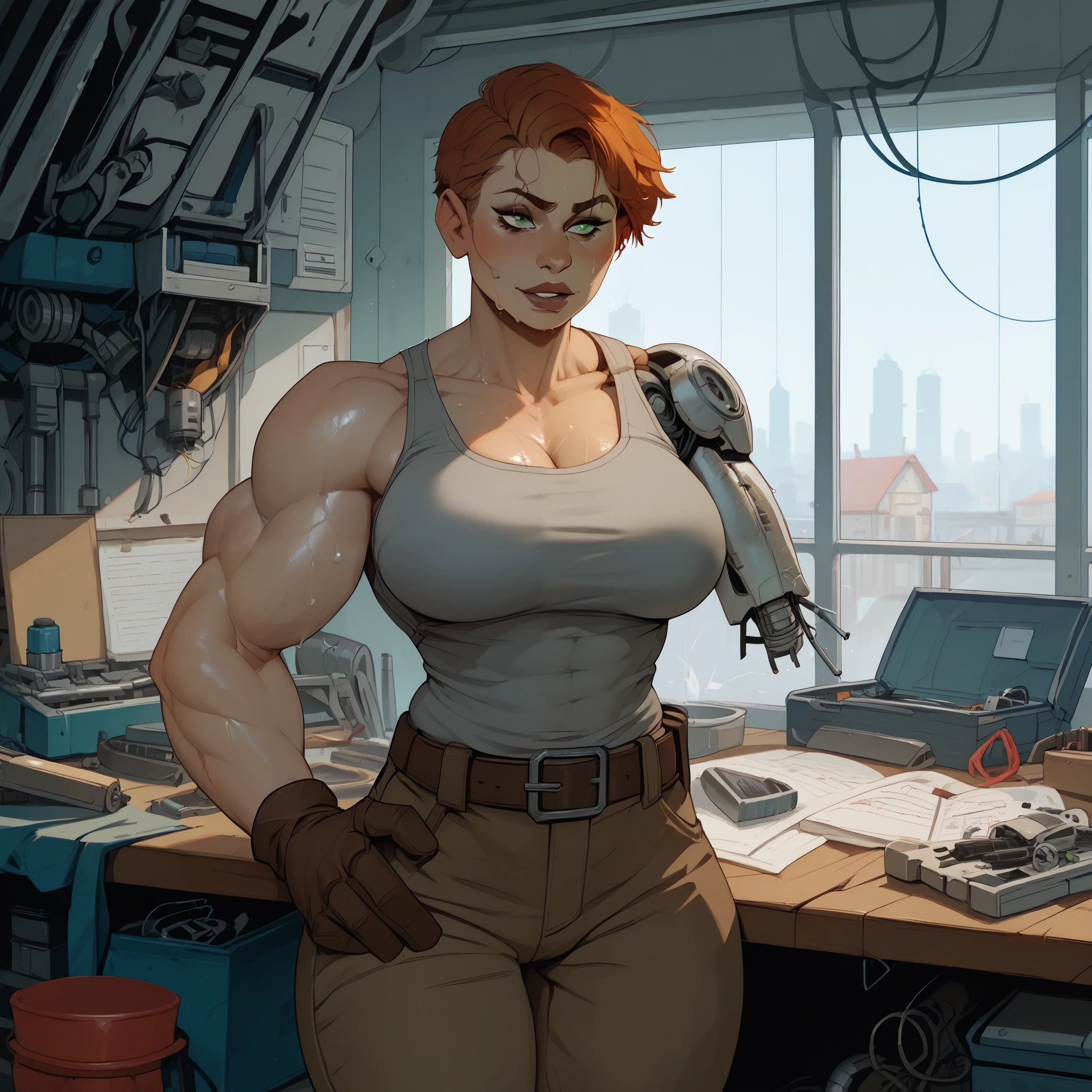 Young woman, short hair, tomboy, athletic, buff, big arms, chunky, green eyes, large breasts, wide hips, muscular, gray tank top, sweaty, baggy cargo trousers, tool belt, brown leather gloves, workshop, mechanic, robot workshop, (incase:0.35), cracked arm, damaged neck, cyborg