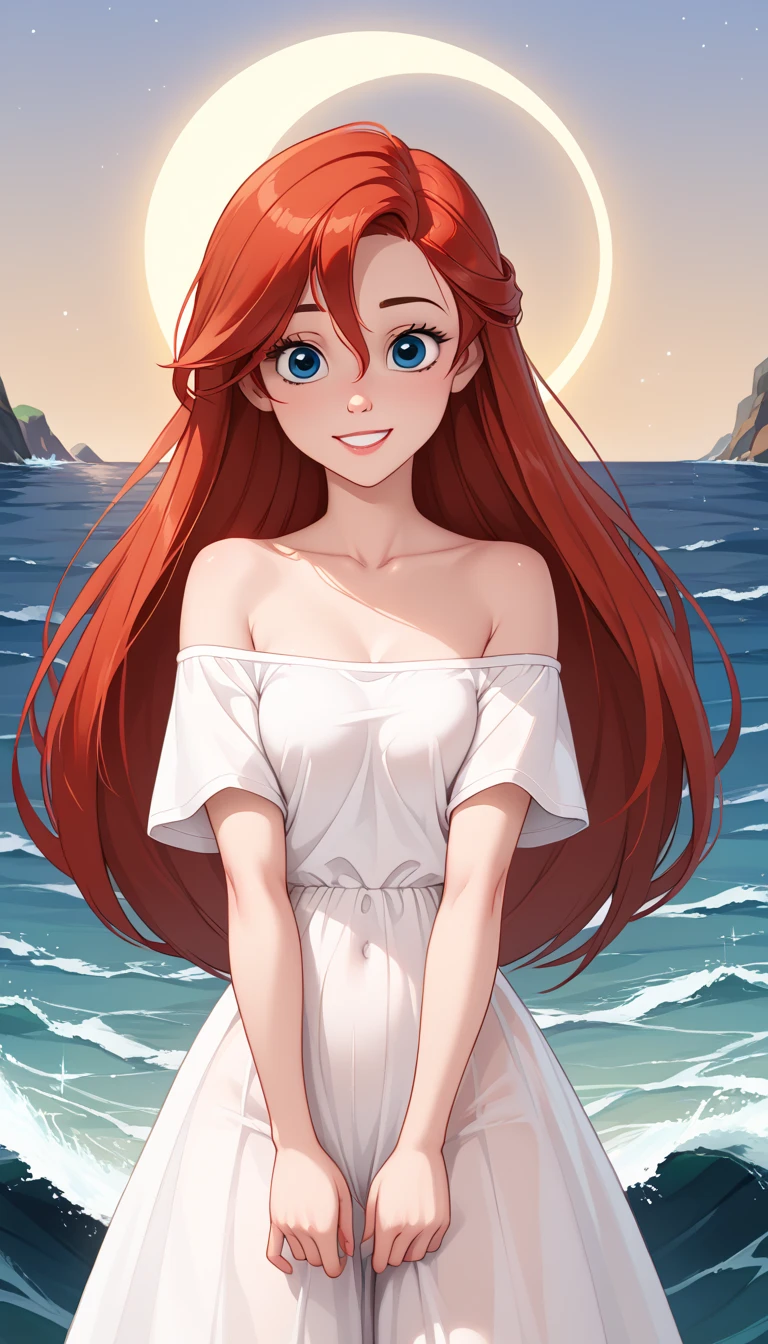 score_9, score_8_up, score_7_up, DisneyAriel, 1girl, red hair, blue eyes, long hair, looking at viewer, wearing a white off the shoulders ruffle maxi dress, short sleeve, standing on the beach, waves gently lapping at the shore, night skies with blue and purple hues with sparkling stars, relaxed and contemplative atmosphere, upper body, smile, arms at side, a crescent moon