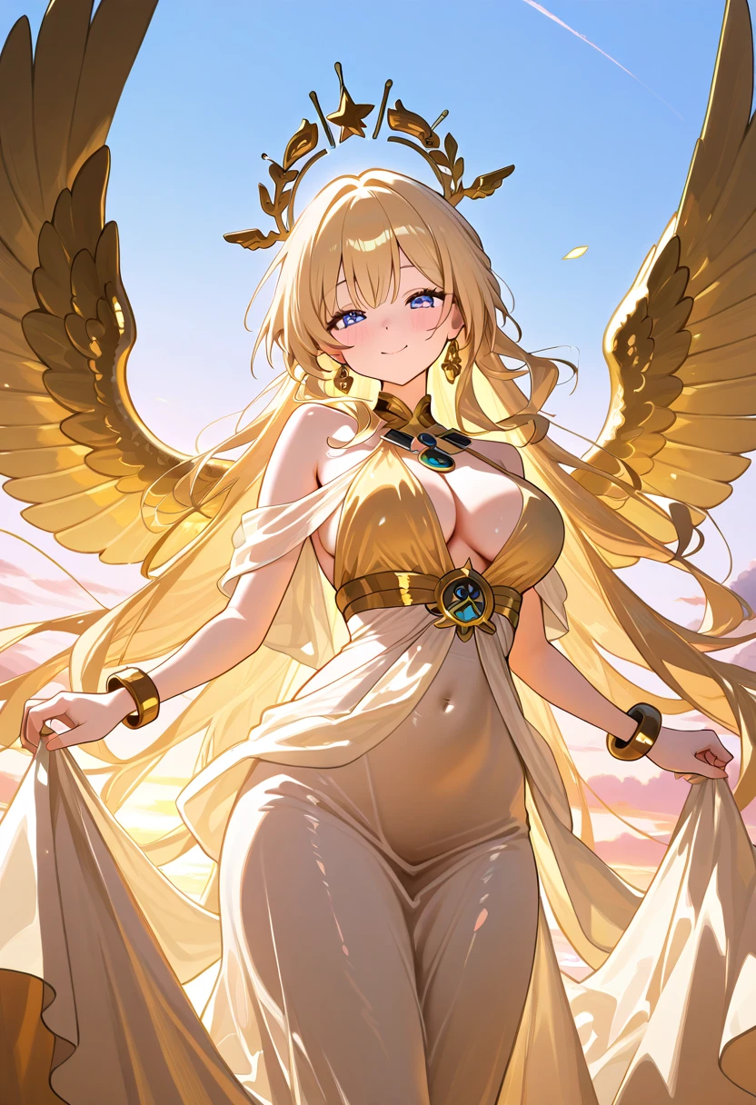 score_9,score_8_up,score_7_up,1girl, head_golden wings,bare_shoulders, gold jewelry,bangles, long dress, bracelet,skirt, gold navel,midriffe, large breasts shiny blonde hair, loose flowing gold silk chiffon gown, dawn, blue sky, highly detailed, long lashes, shimmering, cute smile, closed mouth, cute face, serene, heavenly, detailed face, perfect eyes, masterpiece,best quality, amazing quality,very aesthetic,absurdres,newest, (negative_v2 Color_Balance_Calibration:0.8), (SuperQuality:1.0) ~ (SuperQuality:1.2)