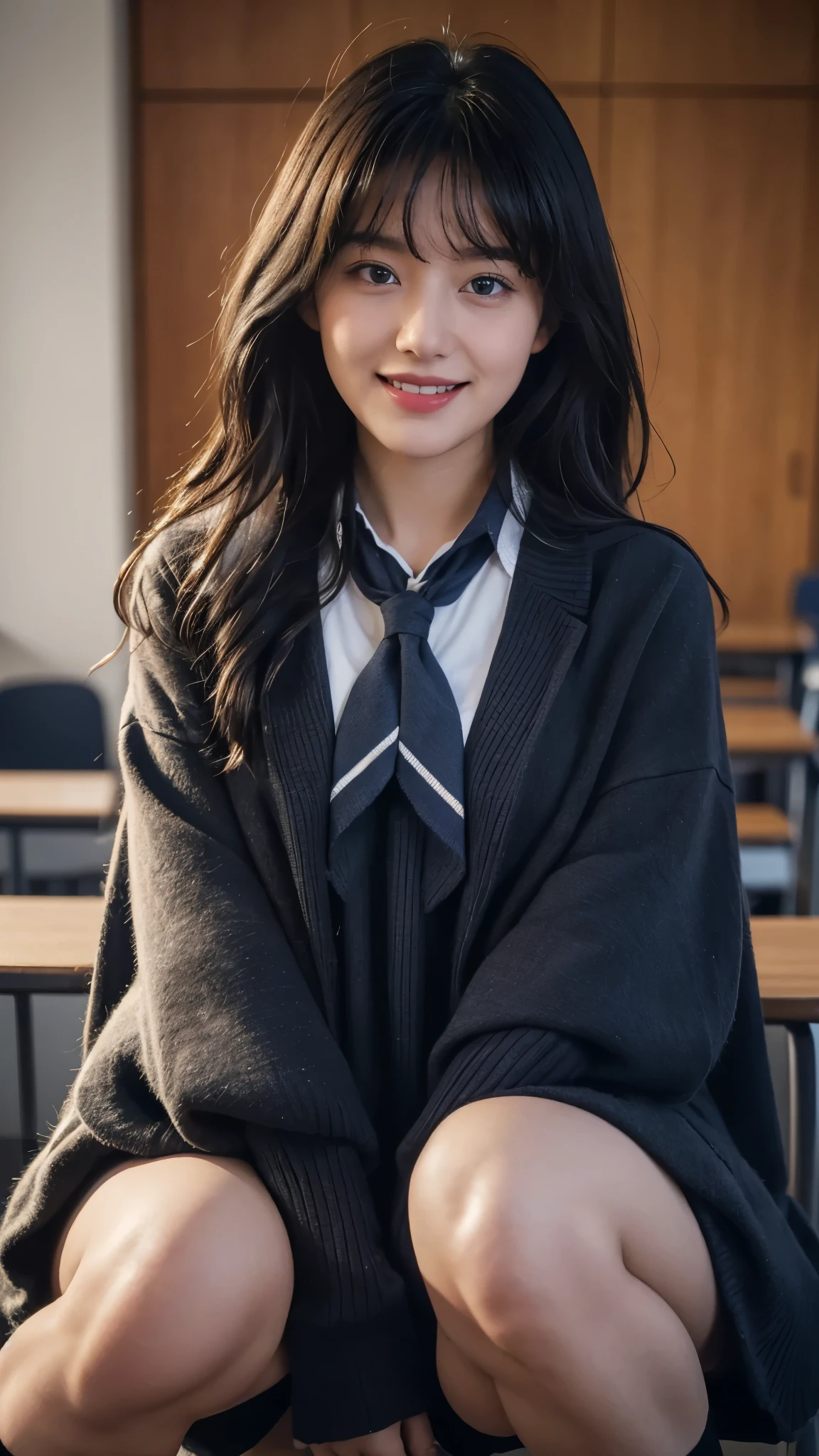 (Highest quality, 4K, 8k, High resolution, masterpiece, Genuine, Realistic, Realistic:1.3), (upper body), Girl sitting on the school desk in classroom, blue neckerchief Uniform, Dark Blown Blazer, blown plaid skirt, Gal Makeup, wearing oversize dark sweater amd white collared shirts, dark black pantyhose, ((long wavy hair)), 19-year-old, bangs, grin,Thighs, knees, From below, pinching skirt:0.7, black long socks, open legs:0.8,