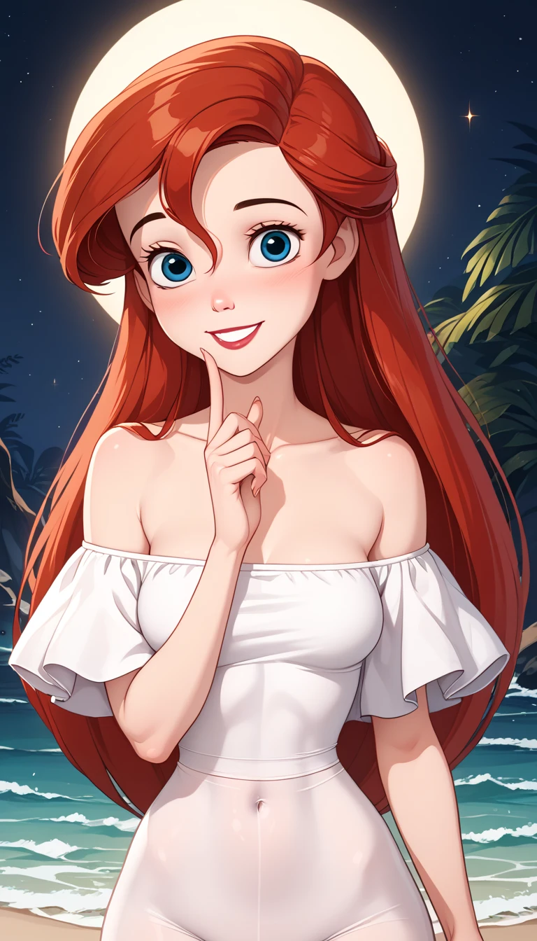 score_9, score_8_up, score_7_up, DisneyAriel, 1girl, red hair, blue eyes, long hair, looking at viewer, wearing a white off the shoulders ruffle maxi dress, short sleeve, standing on the beach, waves gently lapping at the shore, night skies with blue and purple hues with sparkling stars, relaxed and contemplative atmosphere, upper body, smile, arms at side, a crescent moon
