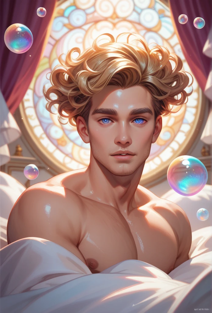 Xingqiu (  masterpiece  ), ( top quality), ( super detailed),(Bedhead),(Illustration), ( 1 boy),  beautiful detailed eyes,  Delicate Beautiful Faces,floating,( high saturation ),( Brilliant Bounce ), Colorful Bubbles ,(Shine), face