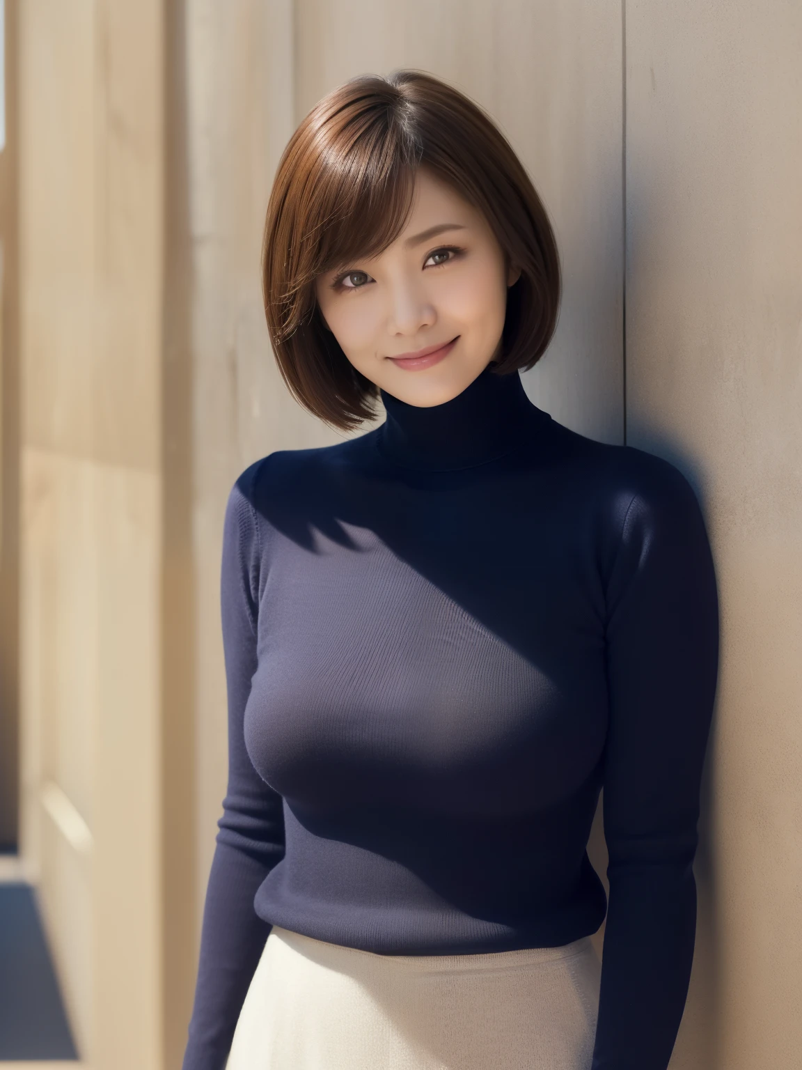 (( masterpiece ))、(( top quality))、reality、 advanced depth of field 、40 years old、 short bob hair、 Realistic background with accessories 、((A fitted turtleneck sweater that clearly shows the shape of the chest))、 natural light、indoor、 Leaning against a Wall 、 Wide Shot 、 Relaxed Skirt 、saggy 、shadow、smile、