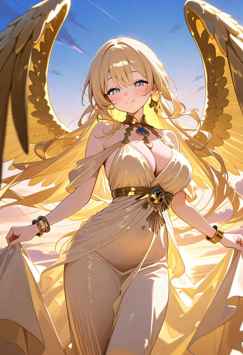 score_9,score_8_up,score_7_up,1girl, head_golden wings,bare_shoulders, gold jewelry,bangles, long dress, bracelet,skirt, gold navel,midriffe, large breasts shiny blonde hair, loose flowing gold silk chiffon gown, dawn, blue sky, highly detailed, long lashes, shimmering, cute smile, closed mouth, cute face, serene, heavenly, detailed face, perfect eyes, masterpiece,best quality, amazing quality,very aesthetic,absurdres,newest, (negative_v2 Color_Balance_Calibration:0.8), (SuperQuality:1.0) ~ (SuperQuality:1.2)