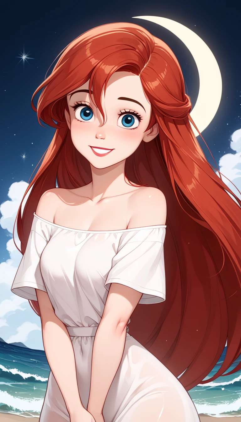 score_9, score_8_up, score_7_up, DisneyAriel, 1girl, red hair, blue eyes, long hair, looking at viewer, wearing a white off the shoulders ruffle maxi dress, short sleeve, standing on the beach, waves gently lapping at the shore, night skies with blue and purple hues with sparkling stars, relaxed and contemplative atmosphere, upper body, smile, arms at side, a crescent moon
