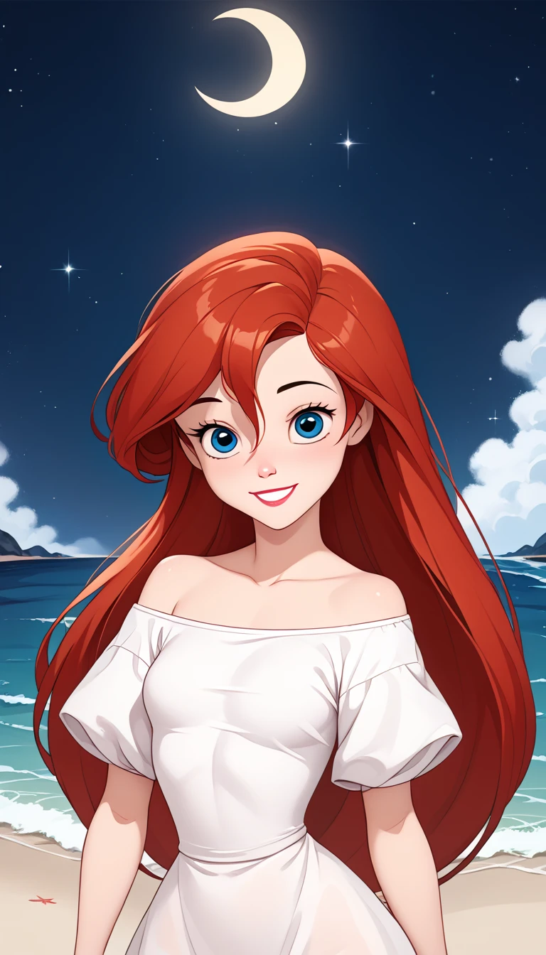 score_9, score_8_up, score_7_up, DisneyAriel, 1girl, red hair, blue eyes, long hair, looking at viewer, wearing a white off the shoulders ruffle maxi dress, short sleeve, standing on the beach, waves gently lapping at the shore, night skies with blue and purple hues with sparkling stars, relaxed and contemplative atmosphere, upper body, smile, arms at side, a crescent moon
