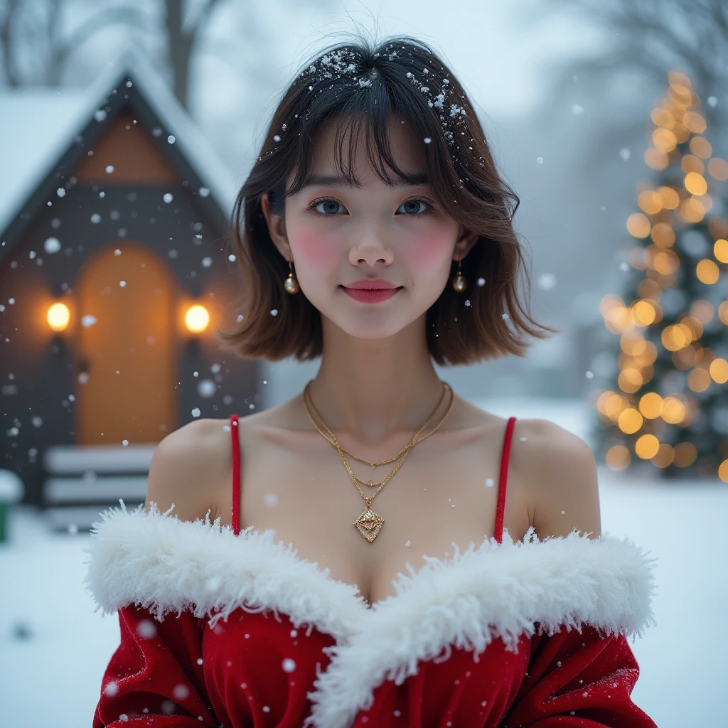 (Best Quality,4K,hight resolution,masutepiece:1.2),Realistic,Christmas,girl (),Hugging a big teddy bear、Off-shoulder knitwear、shortpants、backshots、Looking up at the night sky、a closeup,Snow falling in the background,Winter wonderland,Magical atmosphere,Soft lighting,Vibrant colors,Happiness,Welcoming environment,Warmth,Shortcut Hair,Shimmering decoration,Twinkling lights,wrapped present,magic snowflake,Christmas tree with ornaments,log cabin,Peace and quiet,Excitement and anticipation,Snowy landscape,Enchanted moments,Upholstered stockings