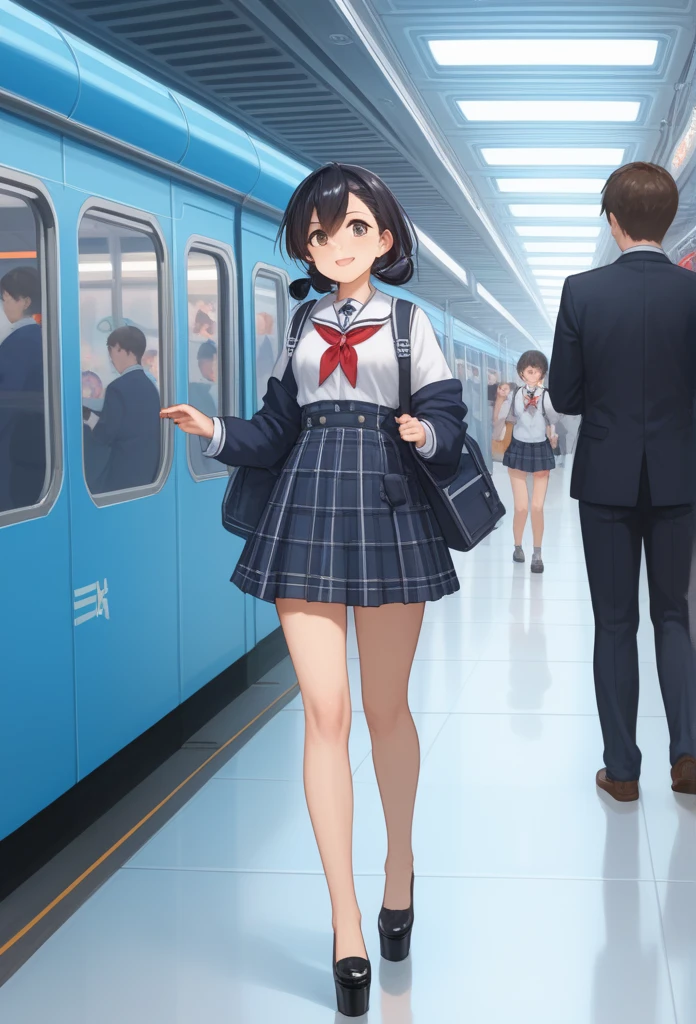 2d, masterpeice, best quality, anime, highly detailed, cowboy shot, 1girl, solo, school uniform, black shoes, blue tip, white socks, blazer, brown sweater, collared shirt, neck ribbon, blue skirt, peeing herself, peeing, peeing self, very desperate to pee, at a train station, full face blush, shocked, embarrassed, flustered, pubic hair, black stockings brown boots ruffled panties, peeing, peeing self, peeing, peeing self, pee puddle, puddle of her own urine is forming around her feet, holding small briefcase, long dress, petticoat, stained skirt, stained socks :d, hallway