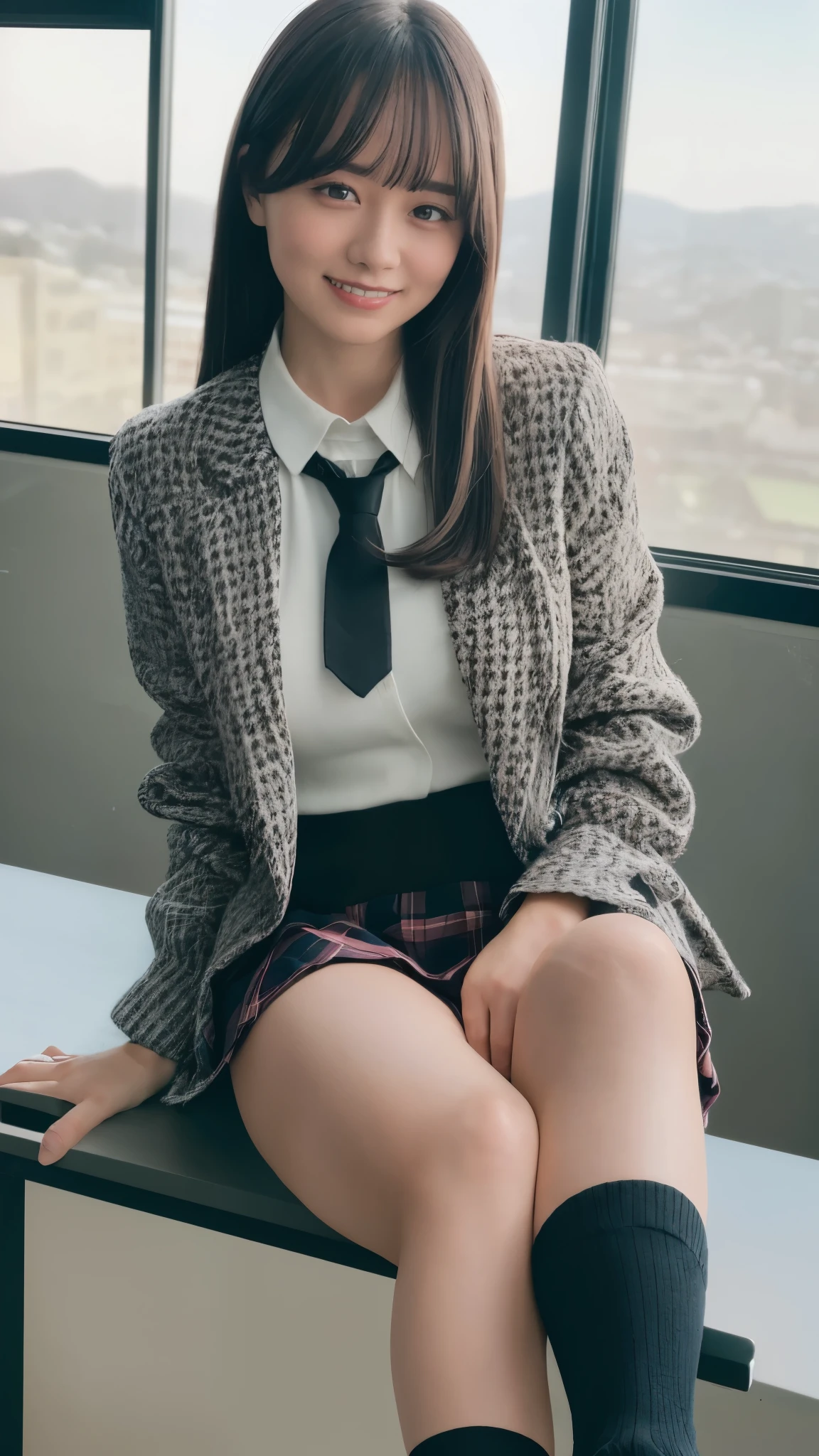 (Highest quality, 4K, 8k, High resolution, masterpiece, Genuine, Realistic, Realistic:1.3), (upper body), Girl sitting on the school desk in classroom, blue neckerchief Uniform, Dark Blown Blazer, blown plaid skirt, Gal Makeup, wearing oversize dark sweater amd white collared shirts, dark black leggings, ((straight long hair)), Gold Bracelets, 19-year-old, bangs, grin,Thighs, knees, From below, pinching skirt:0.7, black long socks, open legs:0.8,