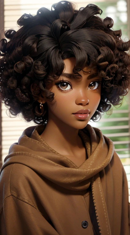 six year old girl with a plump body short curly black hair with blonde streaks brown eyes with long lashes and brown skin with plump lips