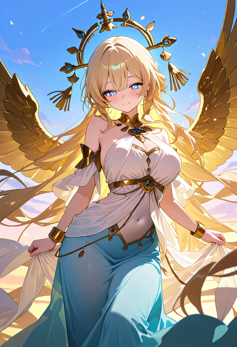 score_9,score_8_up,score_7_up,1girl, head_golden wings,bare_shoulders, gold jewelry,bangles, long dress, bracelet,skirt, gold navel,midriffe, large breasts shiny blonde hair, loose flowing gold silk chiffon gown, dawn, blue sky, highly detailed, long lashes, shimmering, cute smile, closed mouth, cute face, serene, heavenly, detailed face, white fower crown, glowing blue eyes, perfect eyes, masterpiece,best quality, amazing quality,very aesthetic,absurdres,newest, (negative_v2 Color_Balance_Calibration:0.8), (SuperQuality:1.0) ~ (SuperQuality:1.2)