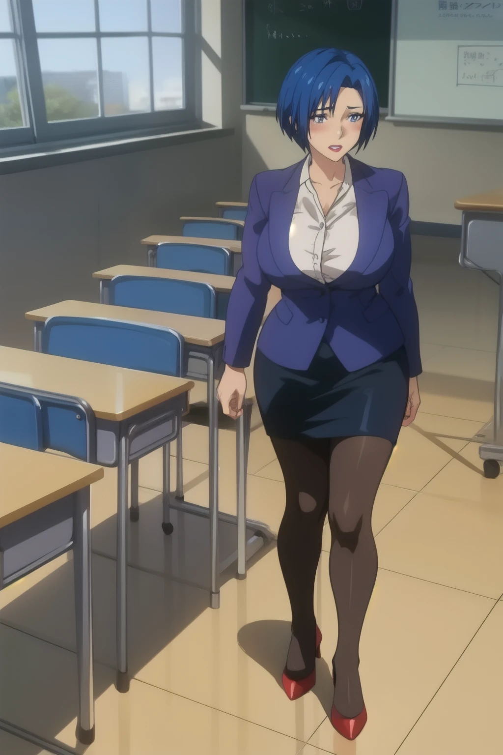 masterpiece, high quality, detailed, cinematic lighting , shadows, digital official art,
Audika Mizuho , 1 Girl, unique , Mature Women , to a standing, Holding a book, whole body,
Watching the Audience , blush, teeth,
Short hair, Blue Hair, blue eyes , red lips,
Purple suit, white shirt , Pencil Skirt, Over the knee socks, Red High Heels ,
Curvy Beauty, Big breasts, thigh,
indoors, classroom, blackboard, window, sky, spread legs