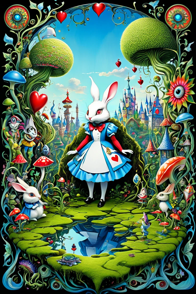  Alice in Wonderland,Moss and Stone Art 、Hallucinatory Art 、 dmt Death of Ego 、 Psychedelic Horror 、 Highly Detailed Visionary Art 、 DMT Egodes 、 Shamanic Fears 、LSD art,White Rabbit,light blue,city,Poisonous Plants , Poison and Disney Mix ,Full-length mirror,Queen of Hearts