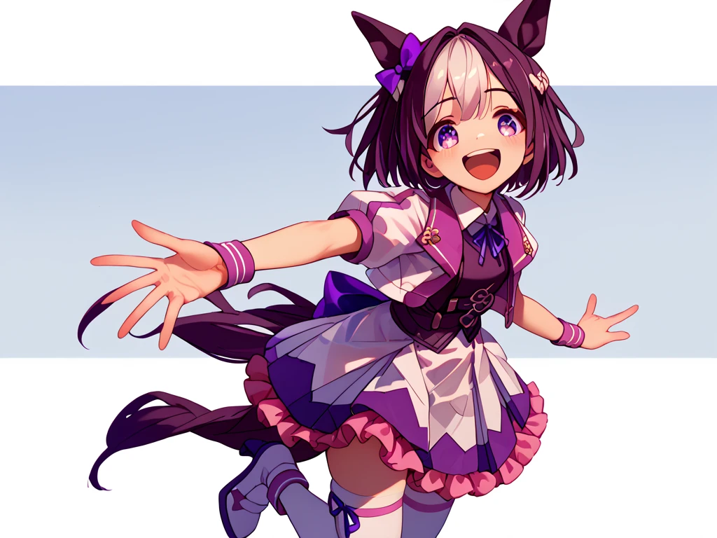 best quality, absurdres, masterpiece, 
special week \(Uma Musume\), 
smiling, making a V sign, ear bow, purple bow, puffy short sleeves, neck ribbon, blue ribbon, cropped jacket, white jacket, two-tone jacket, collared shirt, white shirt, purple vest, wristband, wrist cuffs, white skirt, pleated skirt, two-tone skirt, frilled skirt, frills,  zettai ryouiki, white thighhighs, white footwear, purple footwear, asymmetrical footwear, mismatched footwear, high heels, laughing, flushed, making a heart with hands