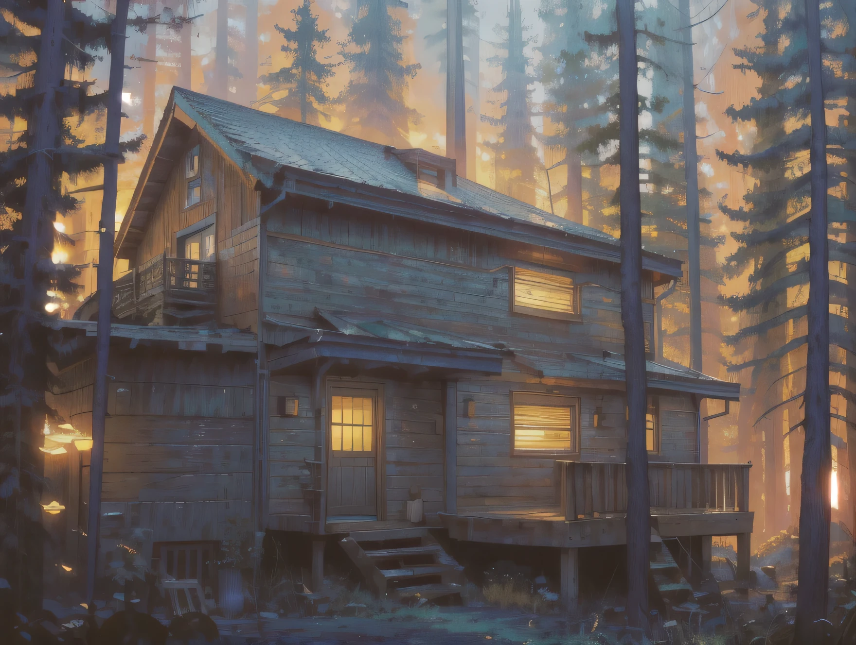 Mountain，forest，Wooden house, two story, warm hues, cinematic, bigger cabin