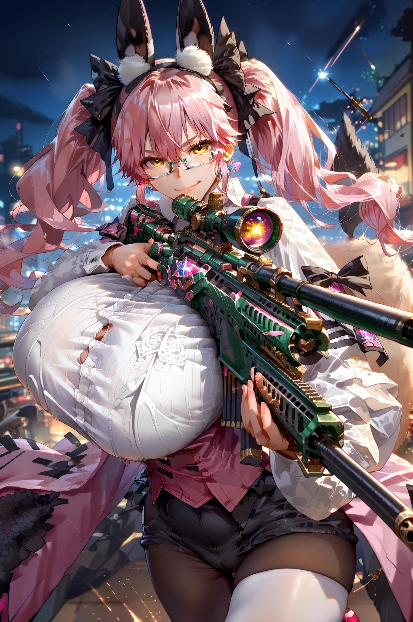 throw, breast focus, Sniper Rifle, high speed, high speed道路 , night,  neon light,  Dark Sky , Movement,  motion blur,  dynamic angle, whole body, ブレ,  depth of field, Foraging ,  dynamic pose ,   in tke sky, jumping, expressive, Expressive, tall women, steamy, standing,  mature female,  smile, tail, weapon, sniper rifle high speed, koyanrab, black bow, coattails, collared shirt, fox tail, glasses, hair between eyes, large breasts, long hair, long sleeves, pink hair, pink waistcoat, rabbit ears, sidelocks, sleeveless waistcoat, twintails, underbust, white pantyhose, white shirt, yellow eyes
1 girl, Improve, 1 person,  gigantic breast, sagging breast,   huge breasts,  huge breasts,  score_9_up,  score_8_up,  score_7_up, masterpiece,  are extremely beautiful, 