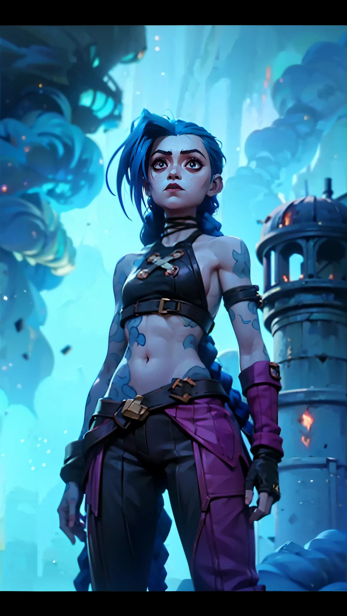 ( masterpiece , best quality ), close, action scene , a girl, portrait of a very detailed and beautiful body, Fires a pistol with a round barrel, ( Arcane Jinx gun ), красный fog, until ( the body is completely 1 .1.), pale skin , pretty legs, the body is completely in the frame , is very beautiful, very sexy , small bulky breasts , longitud total (whole body 1.1.), A sad look , explosions , darkness, fog, beautiful waist , dark composition , calls, Fire, flash, is very beautiful, femenino, long hair, braided hair in long braids , very sexy , tight leather pants , Emphasis on the eyes, emphasis on the face , pretty face , hands, oblique tail , red and purple eyes, Blue cloud tattoo , ( masterpiece , best quality ), side lighting , Beautiful detailed eyes ), ( best quality ), ( masterpiece ),(lifting the chin a lot ), ( looking up),(camera from too low ),( photo taken from below capturing the lower part of the chin)