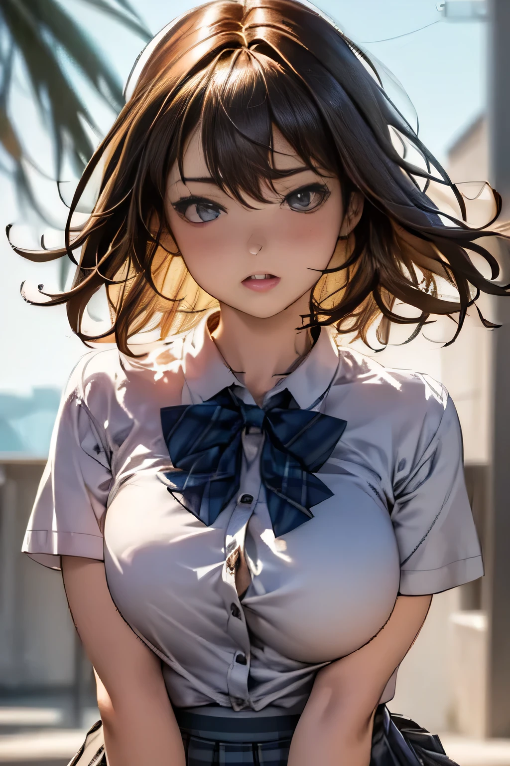 (masterpiece:1.2, highest quality), (realistic, photorealistic:1.4), beautiful illustrations, 
looking at the viewer, Front view:0.6, 
1 girl, Japanese, high School girl, ((medium hair:1.5)), blown hair, bangs, hair between eyes, huge breasts:1.5, button gap,
beautiful hair, beautiful face, beautiful and detailed eyes, beautiful clavicle, ((Chubby body type:1.5)), beautiful breasts, beautiful thighs, beautiful feet, beautiful fingers, 
(beautiful scenery), , School,
((Short sleeve shirt with collar, white shirt, button gap,, Grey plaid pleated skirt, Blue plaid bow tie)), white panties, 
(Are standing, , lift the skirt, Grab the hem of the skirt, put your hand on your chest, hand between legs), 
blush, breast bondage
tied up