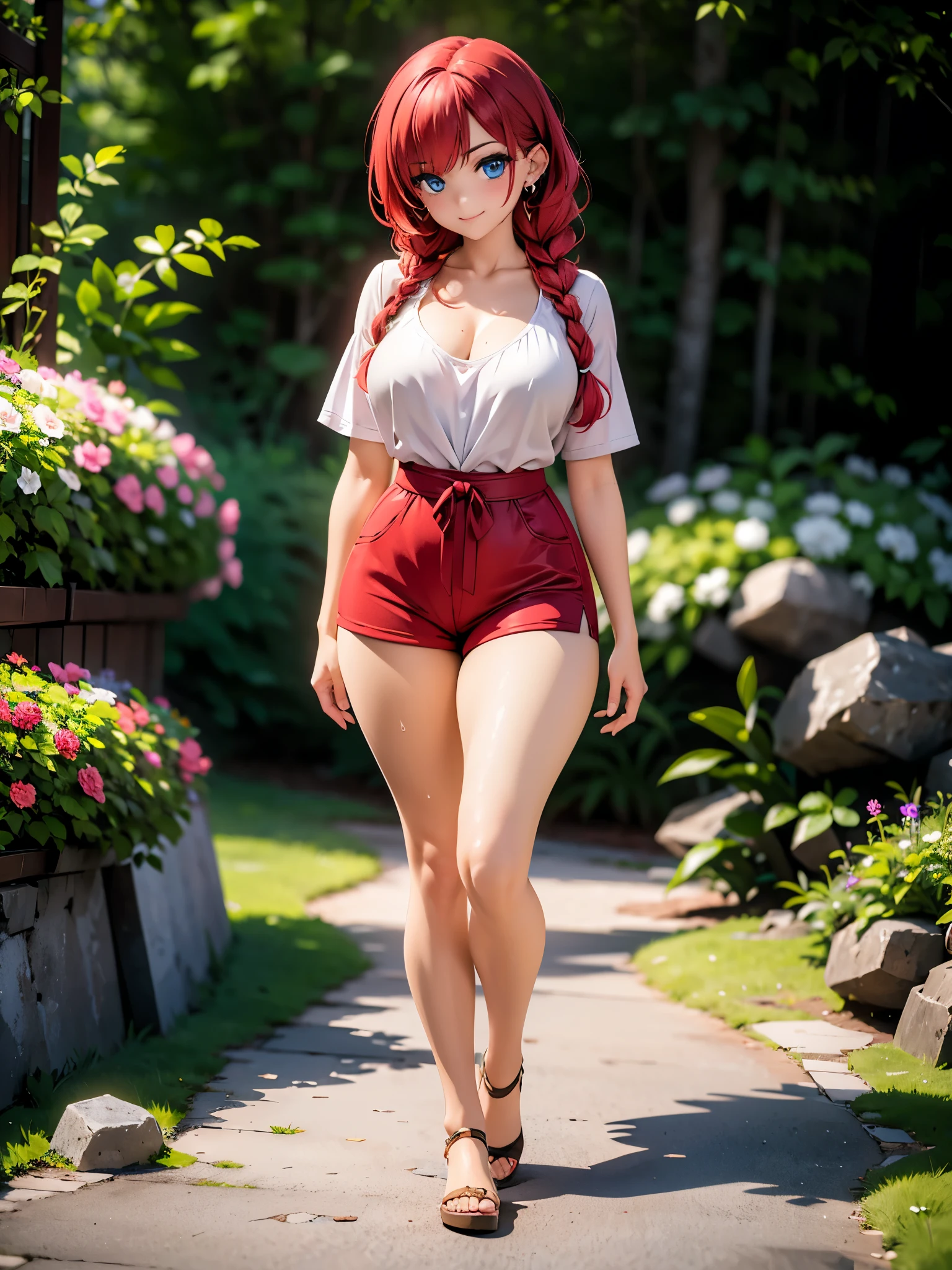 detailed image, realistic image, 1 girl, she has red hair, braided hairstyle, blue eyes, smiling. She has a curvy body, medium breasts, slim waist. She is dressed in a top, casual mini shorts. She is posing inside a stone path, surrounded by flowers, full body view, sweating.. Ambient light, volumetric light, warm atmosphere.