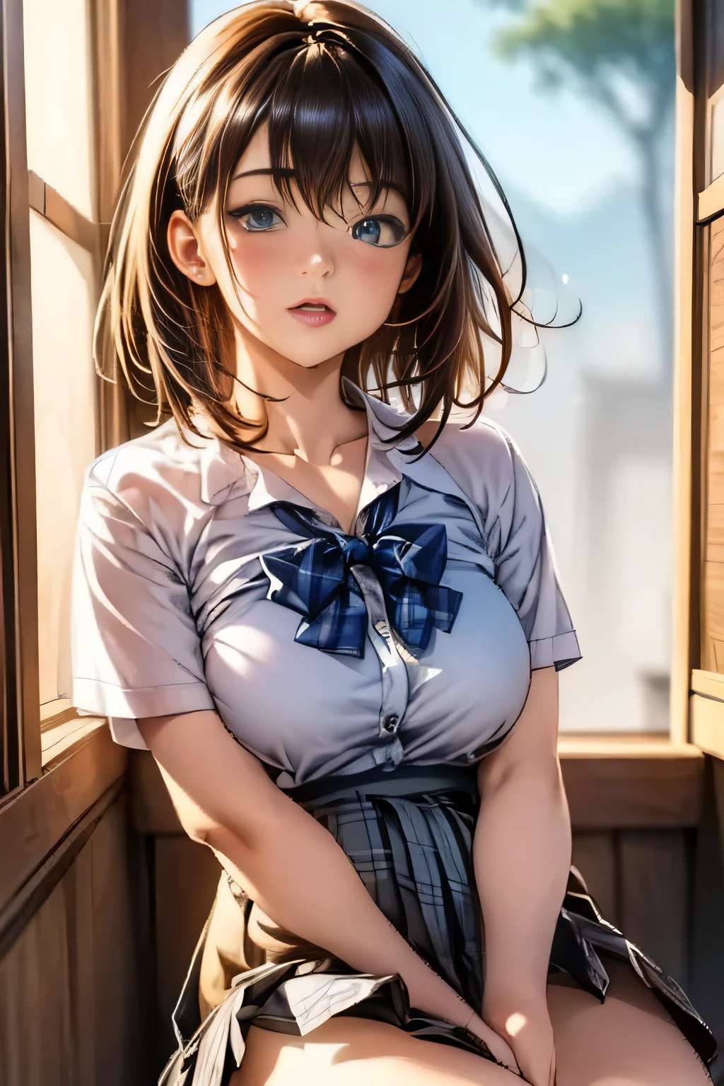 (masterpiece:1.2, highest quality), (realistic, photorealistic:1.4), beautiful illustrations, 
looking at the viewer, Front view:0.6, 
1 girl, Japanese, high School girl, ((medium hair:1.5)), blown hair, bangs, hair between eyes, huge breasts:1.5, button gap,
beautiful hair, beautiful face, beautiful and detailed eyes, beautiful clavicle, ((Chubby body type:1.5)), beautiful breasts, beautiful thighs, beautiful feet, beautiful fingers, 
(beautiful scenery), , School,
((Short sleeve shirt with collar, white shirt, button gap,, Grey plaid pleated skirt, Blue plaid bow tie)), white panties, 
(Are standing, , lift the skirt, Grab the hem of the skirt, put your hand on your chest, hand between legs), 
blush, breast bondage
tied up