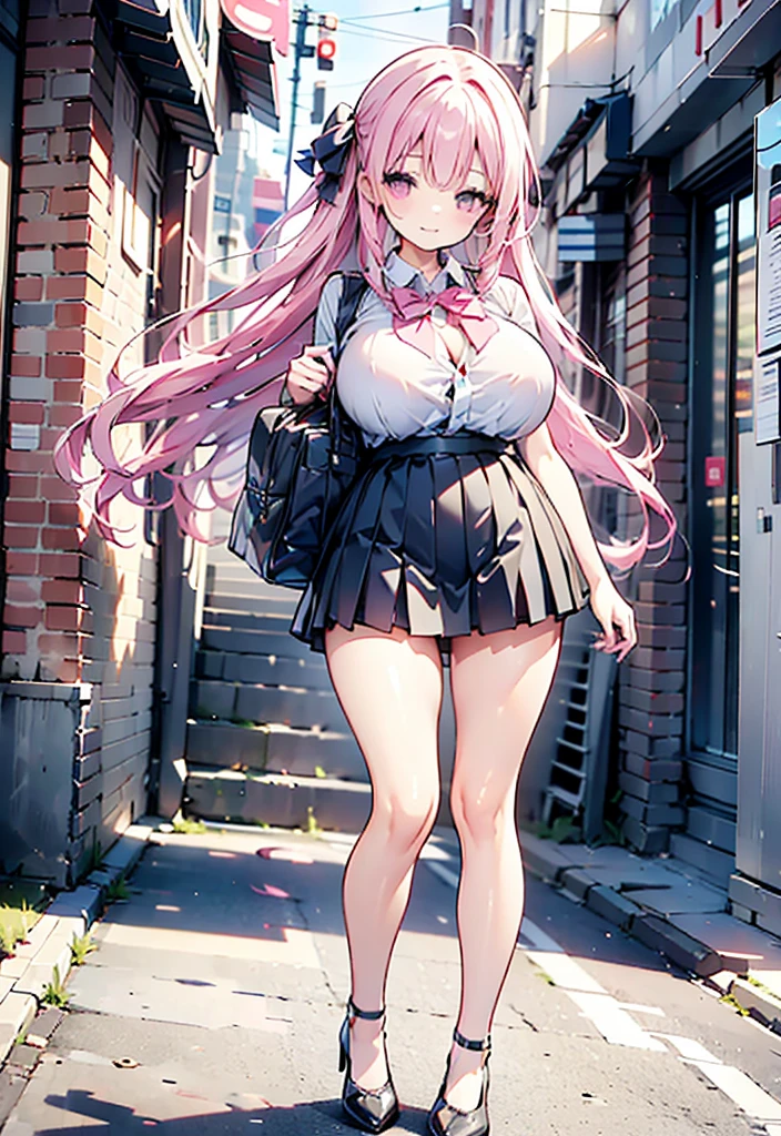   pinkセーラー服　pink hair side hair long　 high heels　student bag
Shoulder bag　 plump thighs 　Around town　outside　
 Big Breasts , ribbon,  high definition , accurate,  High Definition Model,  High Details ,  High Quality ,  textured skin,  Ultra High Definition,  retina,   