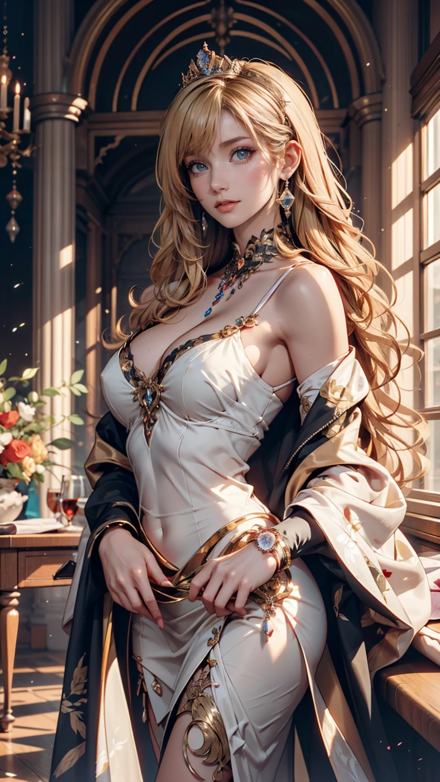 24-year-old female、mature、Platinum Blonde、Tie up your hair、hair ornaments、Décolleté exposure、Cleavage Emphasis、Party Dresses、Good looking、necklace、Earrings、Sparkling、Masquerade、Masquerade mask decorated with lace((masquerade mask))、Long gloves with lace、A luxurious ballroom