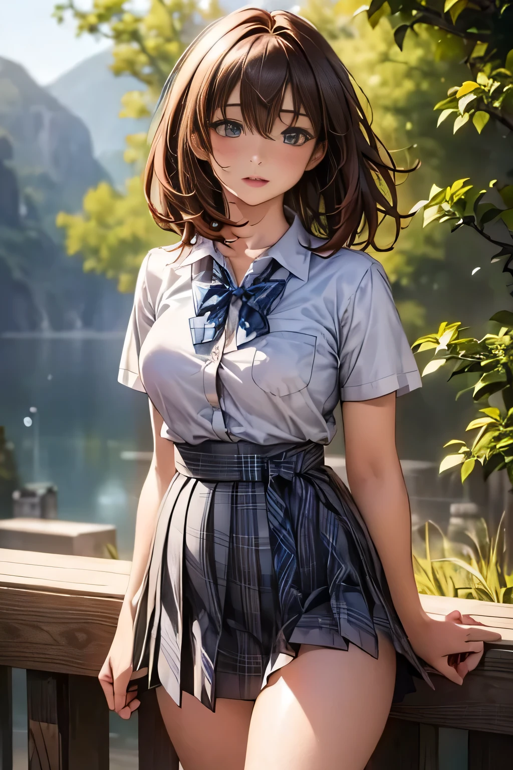 (masterpiece:1.2, highest quality), (realistic, photorealistic:1.4), beautiful illustrations, 
looking at the viewer, Front view:0.6, 
1 girl, Japanese, high School girl, ((medium hair:1.5)), blown hair, bangs, hair between eyes, huge breasts:1.5, button gap,
beautiful hair, beautiful face, beautiful and detailed eyes, beautiful clavicle, ((Chubby body type:1.5)), beautiful breasts, beautiful thighs, beautiful feet, beautiful fingers, 
(beautiful scenery), , School,
((Short sleeve shirt with collar, white shirt, button gap,, Grey plaid pleated skirt, Blue plaid bow tie)), white panties, 
(Are standing, , lift the skirt, Grab the hem of the skirt, put your hand on your chest, hand between legs), 
blush, breast bondage
tied up