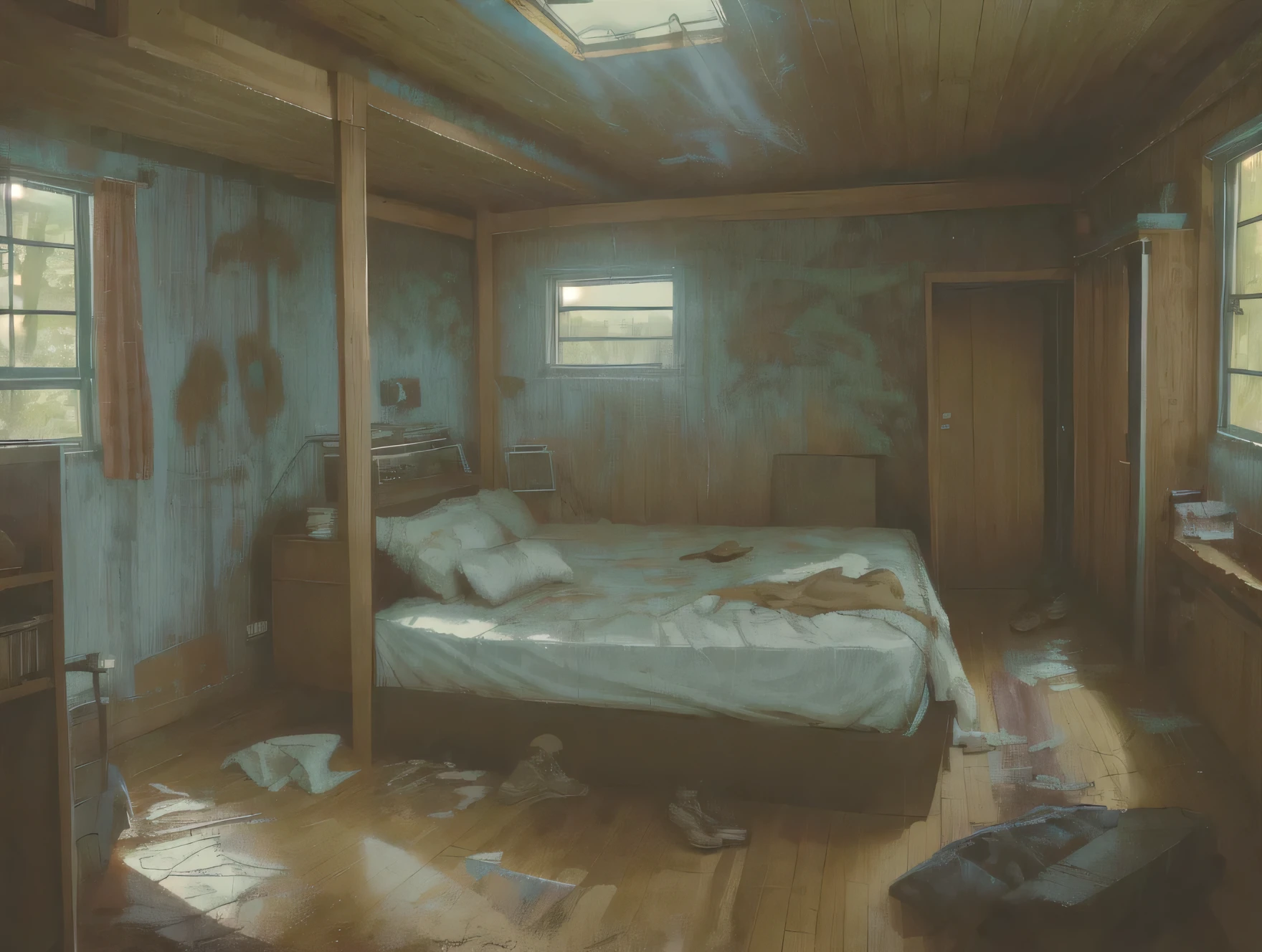 Forest in window, cabin, bedroom, inside of bedroom, messy-ish room, messy bed, simple bed, posters on wall, shoes on floor, warm livhting, detailed, earthy tones